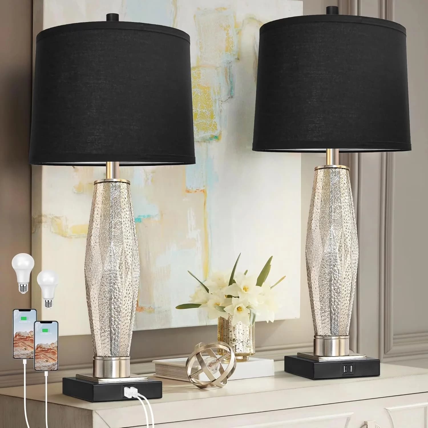 Stylish Lamp Set with LED, USB A+C Charging Ports, Modern Glass Beside Lamps for Living Room, Home - Model 8E918F