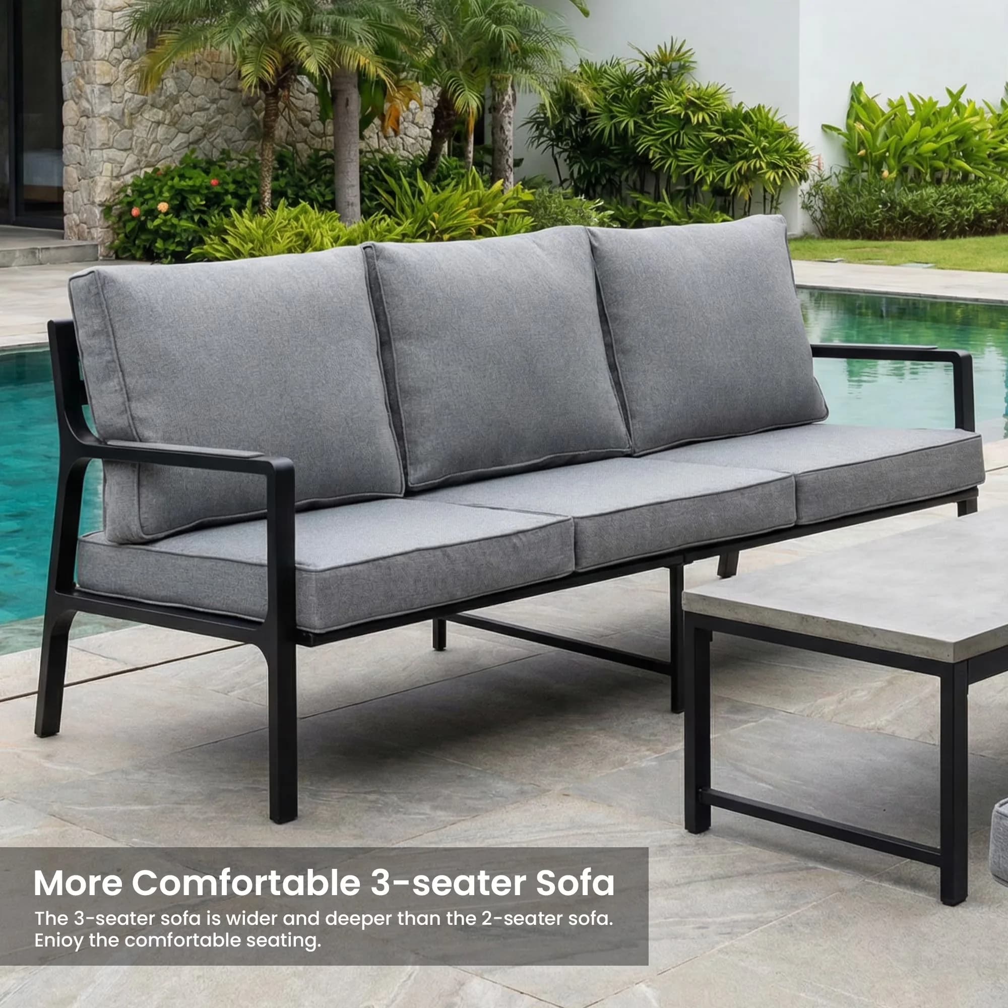 Reliable Patio Conversation Set with Reclining, Coffee Table, Weather Resistant Cushions - Metal Gray Model 8FA0A1