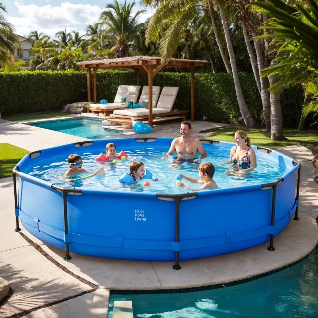 Compact Above Ground Pool with Blue Iron Frame, 12FT x 30IN Round Above-Ground - Blue Model 7BAAE4