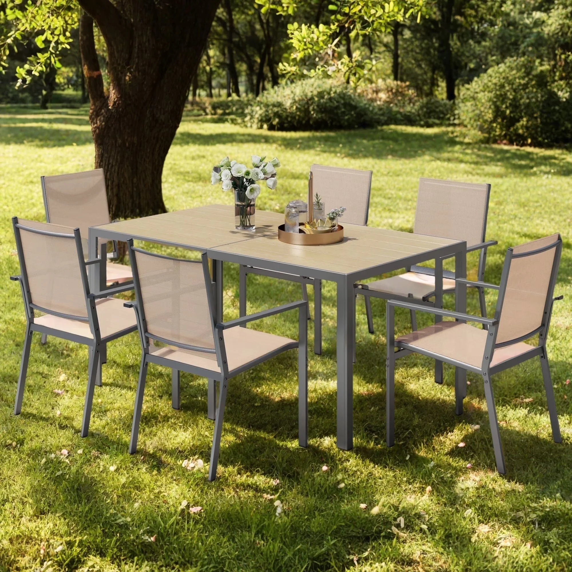 Reliable Patio Dining Set with Weatherproof, >>Specifications, >> Key Feature - Textilene Fabric, Steel Brown Model 2F0243