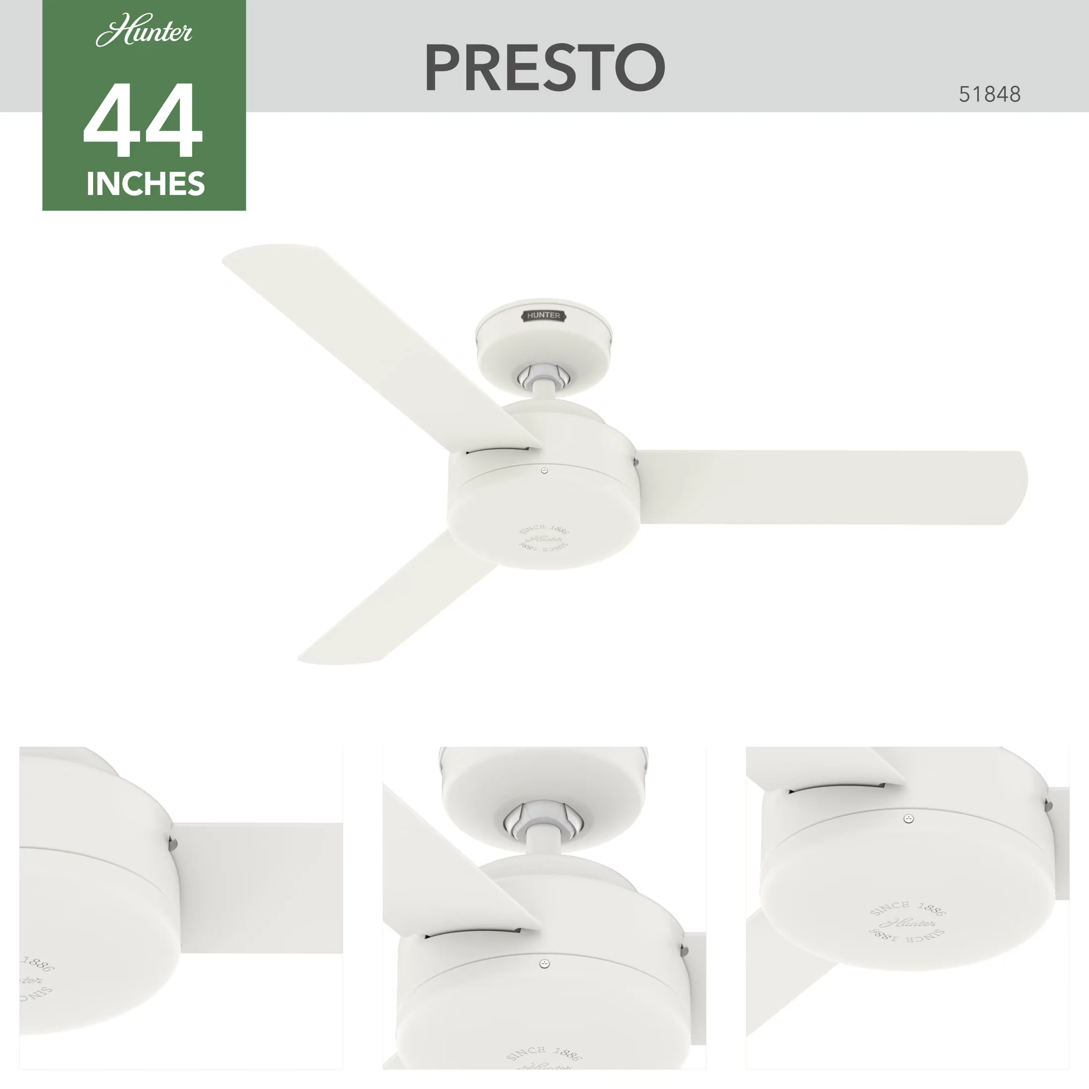 Compact Ceiling Fan with Industrial, Reverse Airflow, 44 inch Indoor No Light - No Shade White Model 09C86F