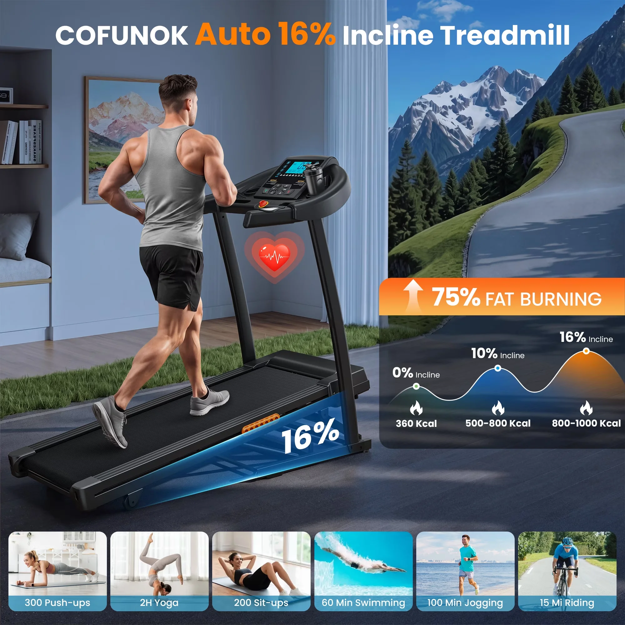 Premium Home Gym with Bluetooth Compatible, 16% Auto Incline Folding Treadmill, Running Area: 47.2"× 17" - Black Model D10D24