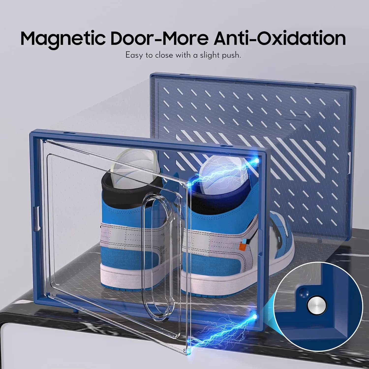 Stylish Garage Storage Supply with Stackable, Large Shoe Organizer Box, Magnetic Door - Blue Plastic Model 97A599