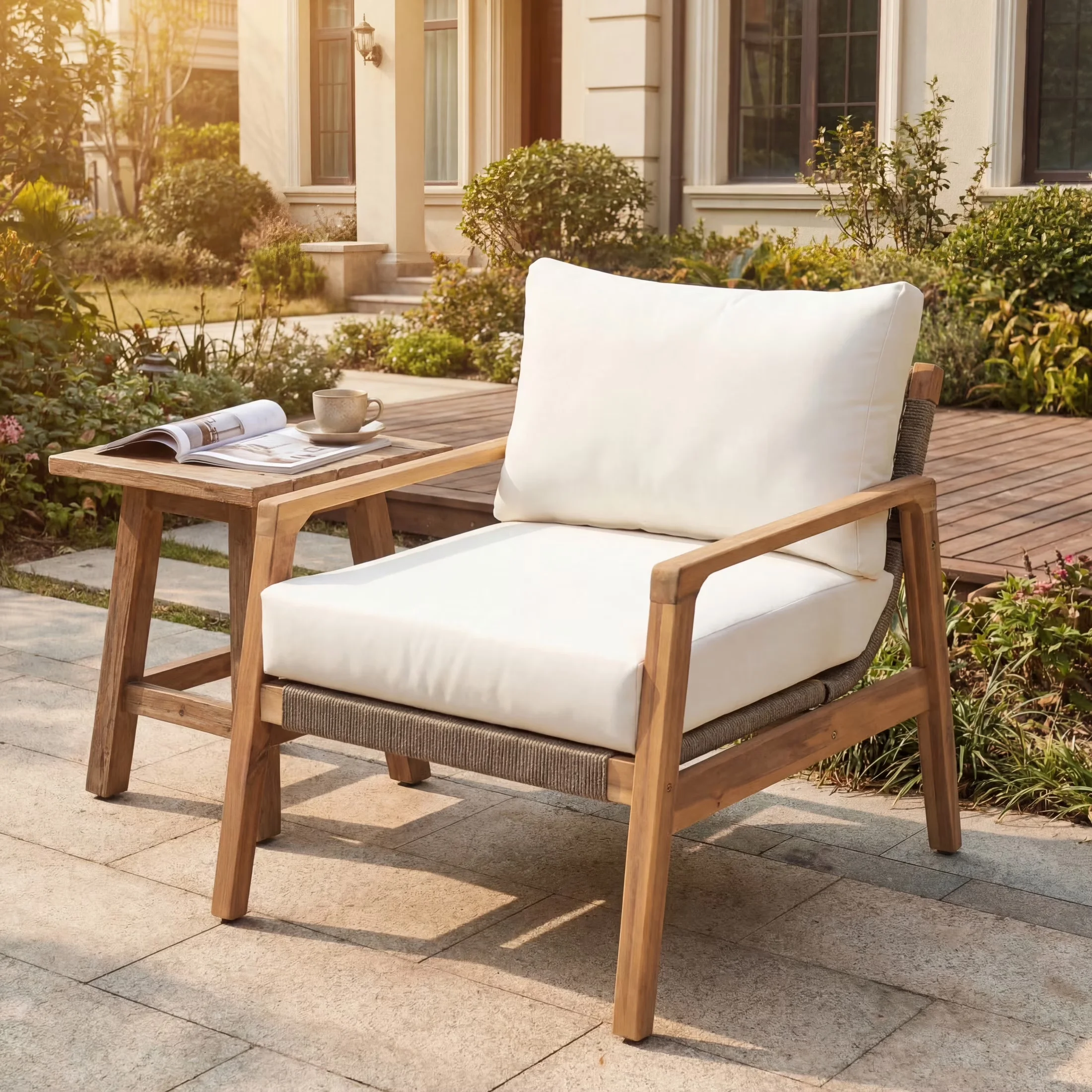 Patio Chair Classic with Rustic/Lodge, Removable Cushion Cover - White Acacia Wood + Rope + Cushion Model 41CC1A