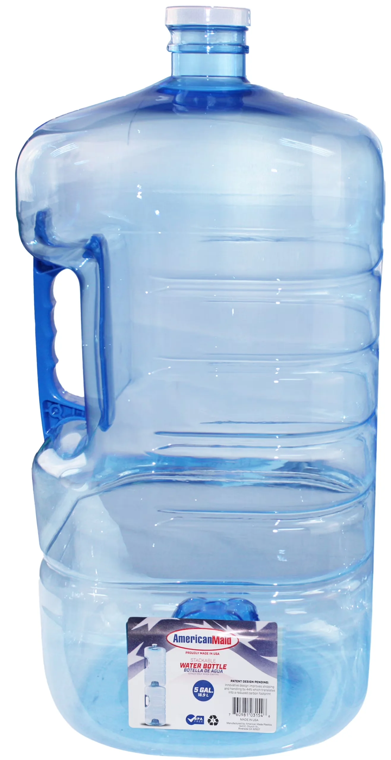 Water Filtration Reliable with 5 Gallon Stackable Bottle 640oz, Dims: 8.5x9x19, 53mm Screw Cap - Blue, Clear Plastic Model A60E76