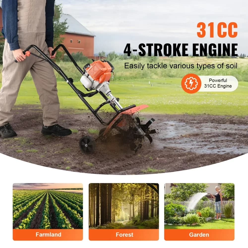 Quality Trillers Cultivator with Tiller, 4 Steel Adjustable Front Tines, 31CC 4-Stroke Garden for Garden - Model 0715C4