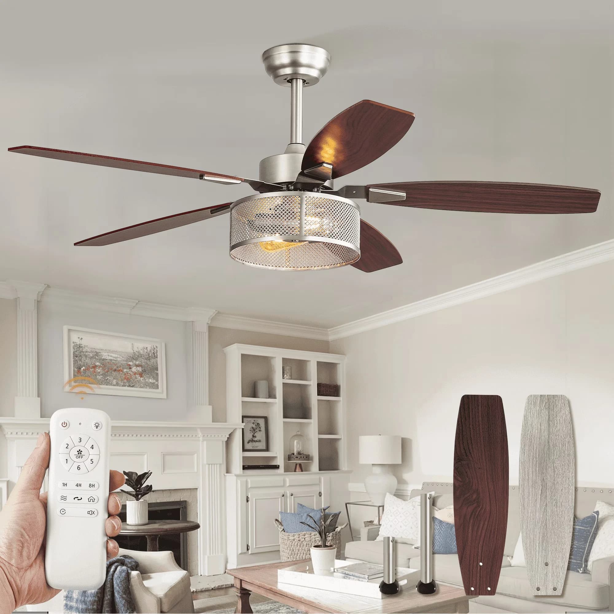Efficient Ceiling Fan with LED, Remote Controlled, 52 inch - Silver for Indoor Model B70E70