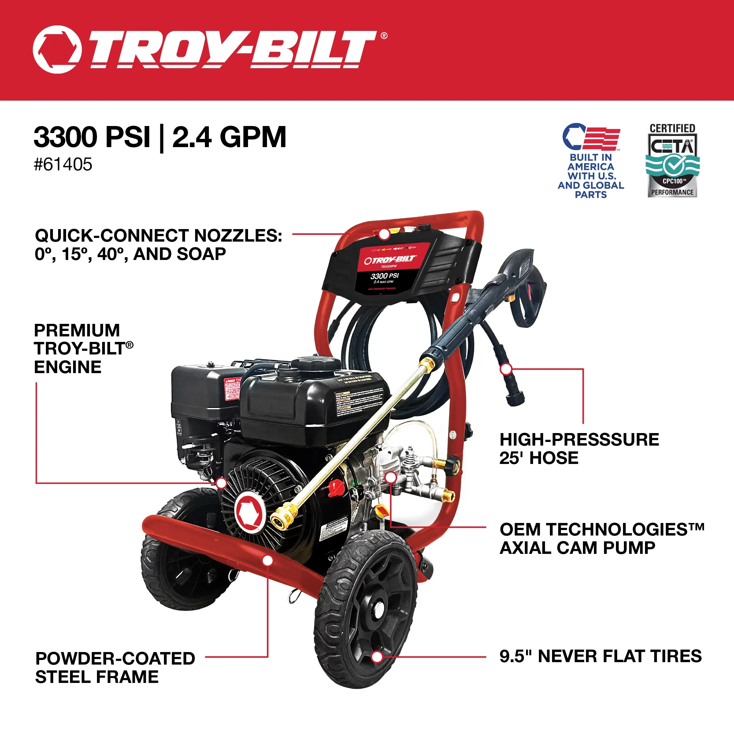 Modern Pressure Washer with Quick Connect Tips, Interchangeable Wand, No voltage (gas powered unit) - Model 9043BF