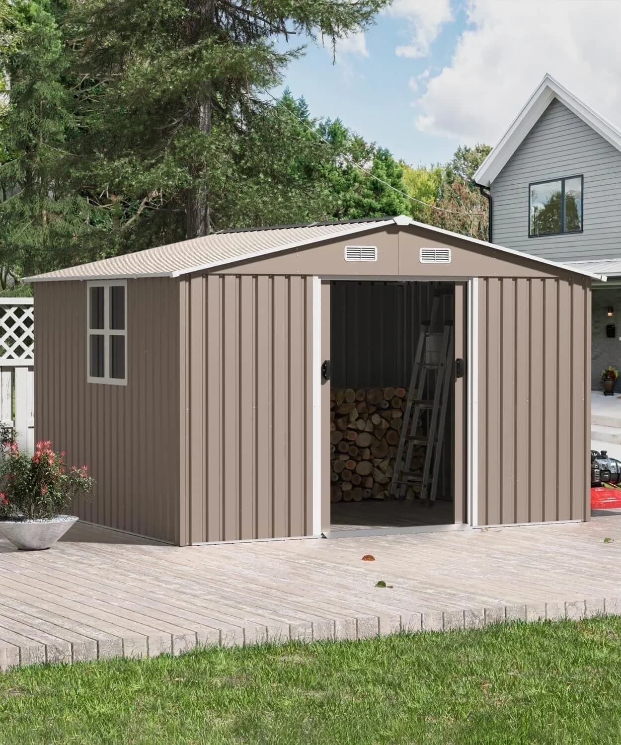 Efficient Shed with Rust Resistant, Brown, 10x8 Ft Metal Storage - Steel Brown Model 0F247A