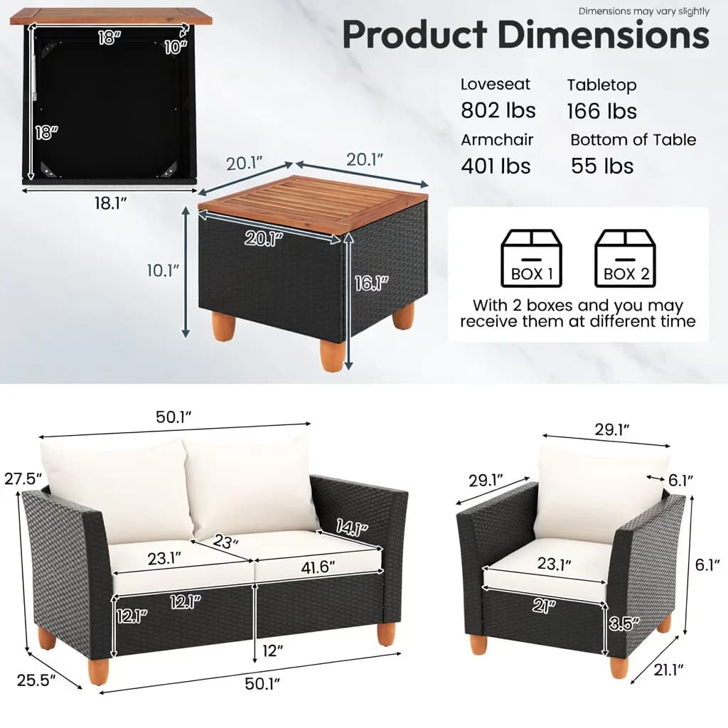 Patio Conversation Set Quality with Storage, Color of Cushion:Gray/Navy/Off White - White Pe Rattan, Acacia Wood, Metal, Polyester,... Model 6A459A