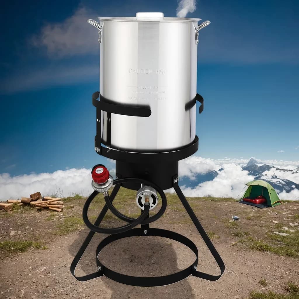 Durable Outdoor Fryer with Iron Stove Frame, Gas, 13×32 Inch 4-Piece Cooking Set - Aluminum Black Model 3A8027