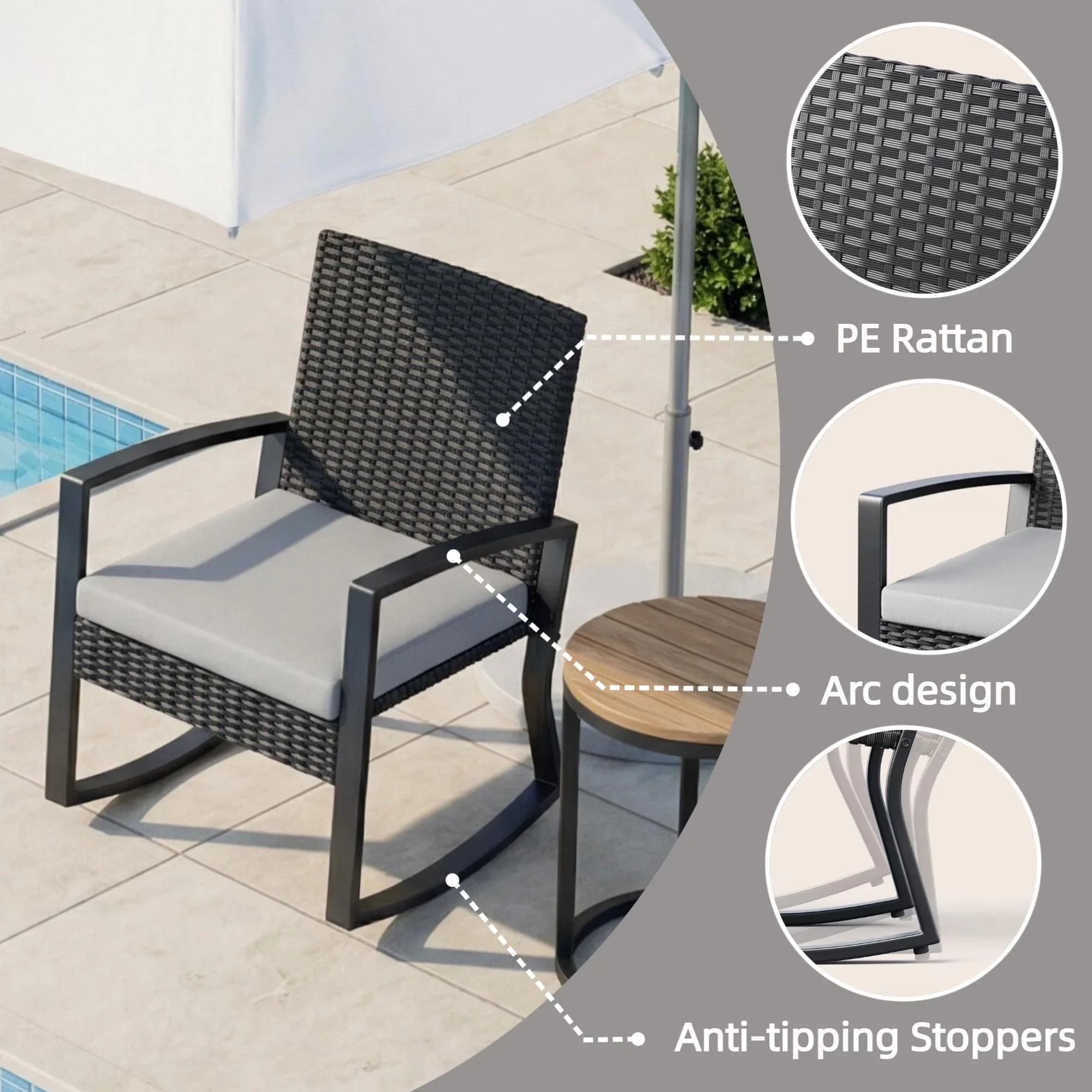 Patio Conversation Set Versatile with Weatherproof, Furniture, Rattan Wicker Rocking Chairs - Gray Pe Rattan, Steel,Sponge, Toughened... Model 8AB7A4