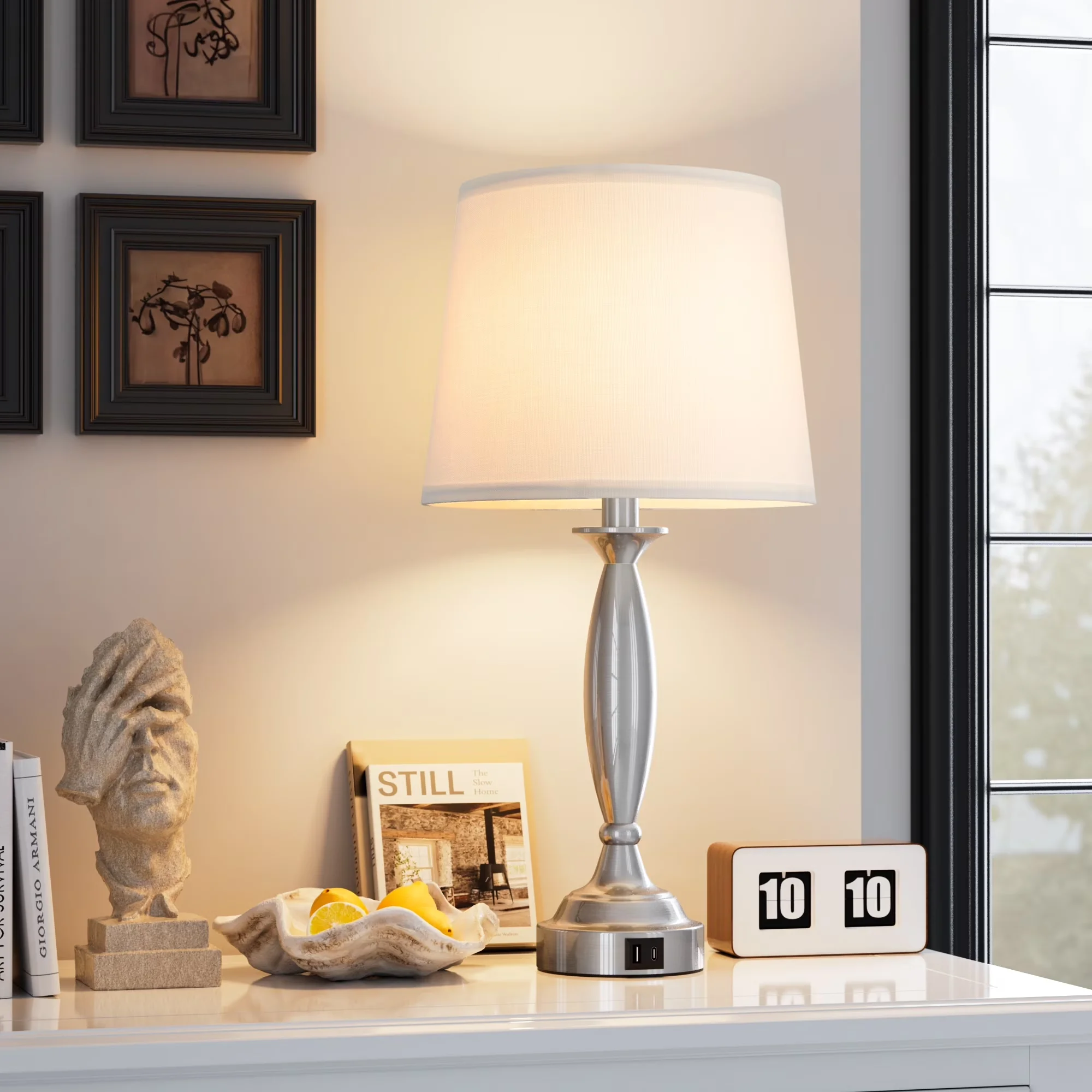 Essential Lamp Set with LED, Modern, Touch Sensor - Metal White, Silver for Bedroom, Dorm Model 98A09C
