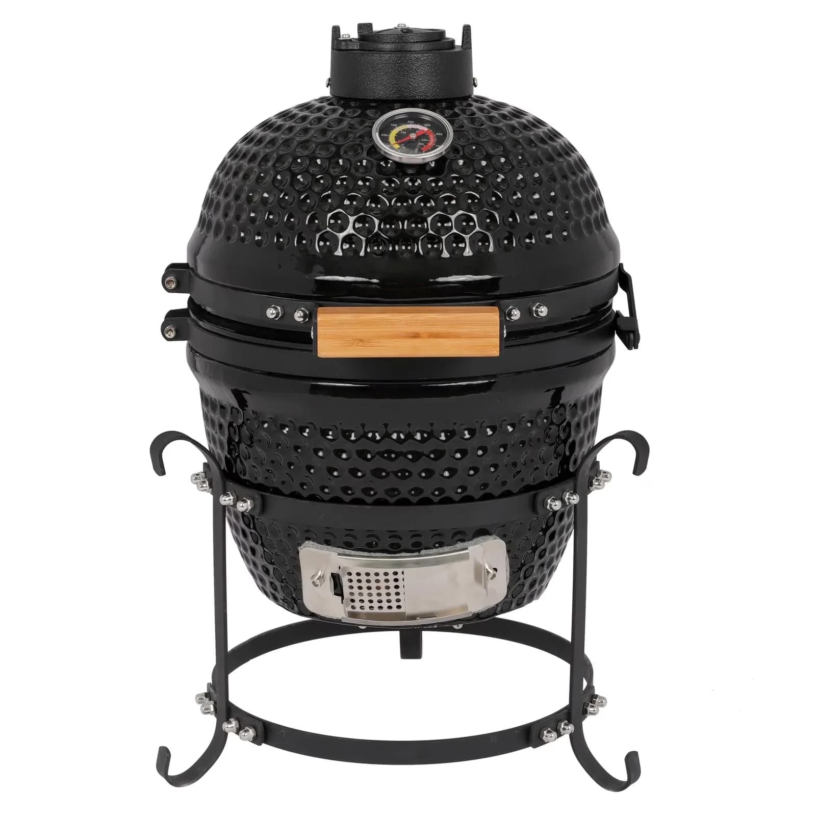 Compact Charcoal Grill with Portable, 13in Round Ceramic Portable BBQ Smoker - Ceramic Black Model D6B6CA