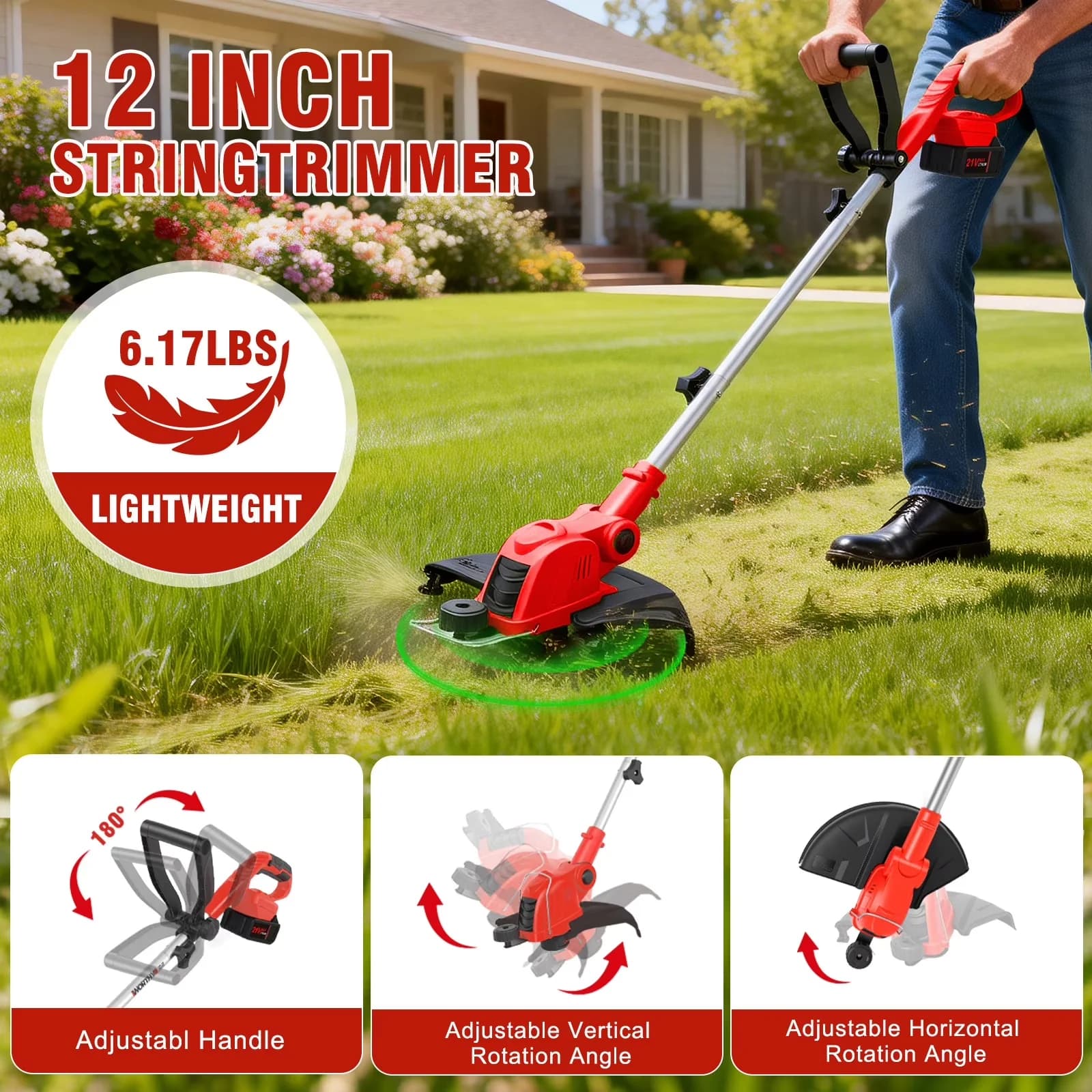 String Trimmer Versatile with Battery, Extendable, Auto Line Feed - Red Model 921276