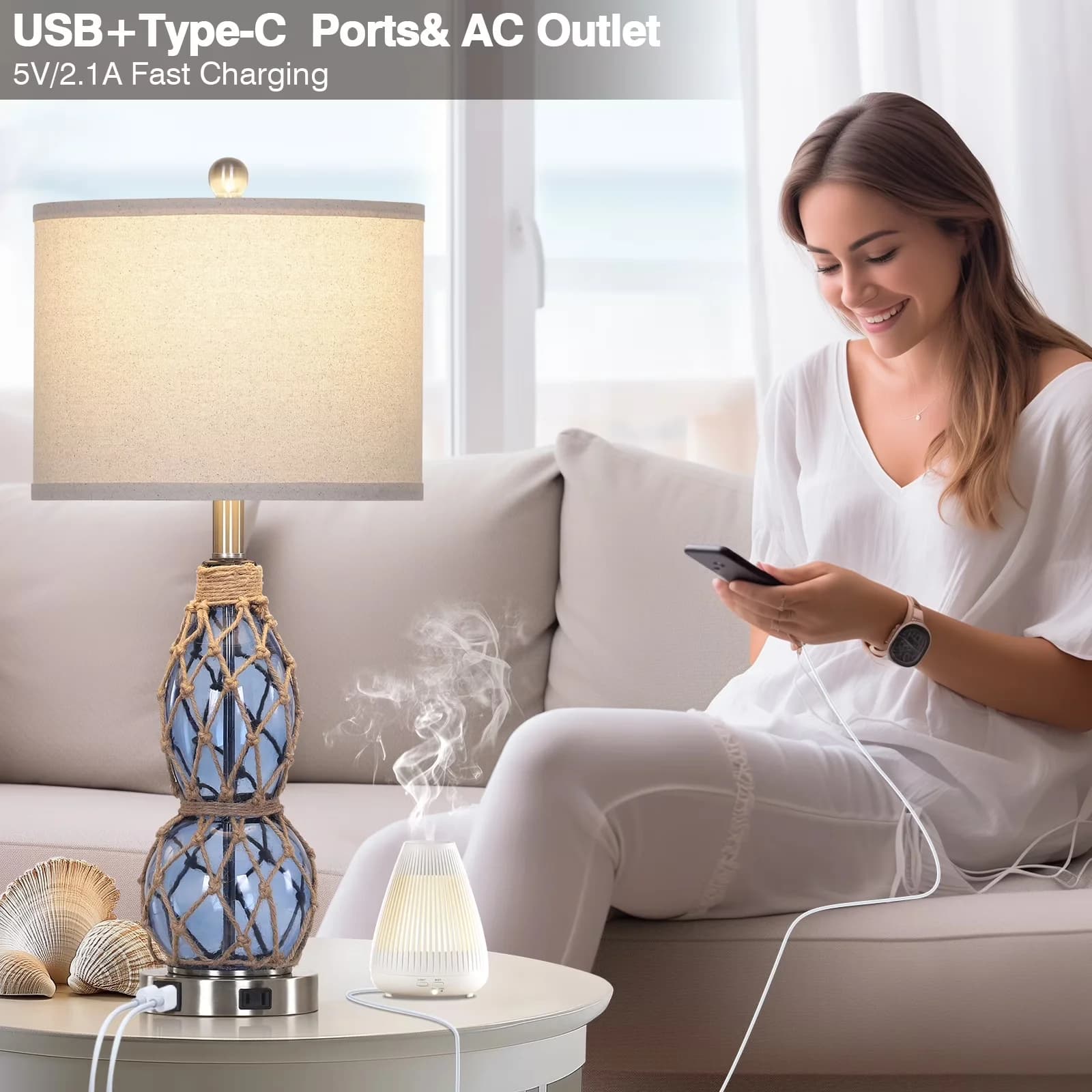 Table Lamp Classic with LED, Smart Compatible - Glass Blue for Living Room, Bedroom Model 14A95A