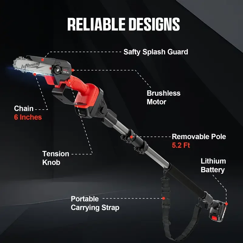 Sleek Pole Saw with Battery, 20V, Automatic Chain Oiler - Red for Garden Model DCED72