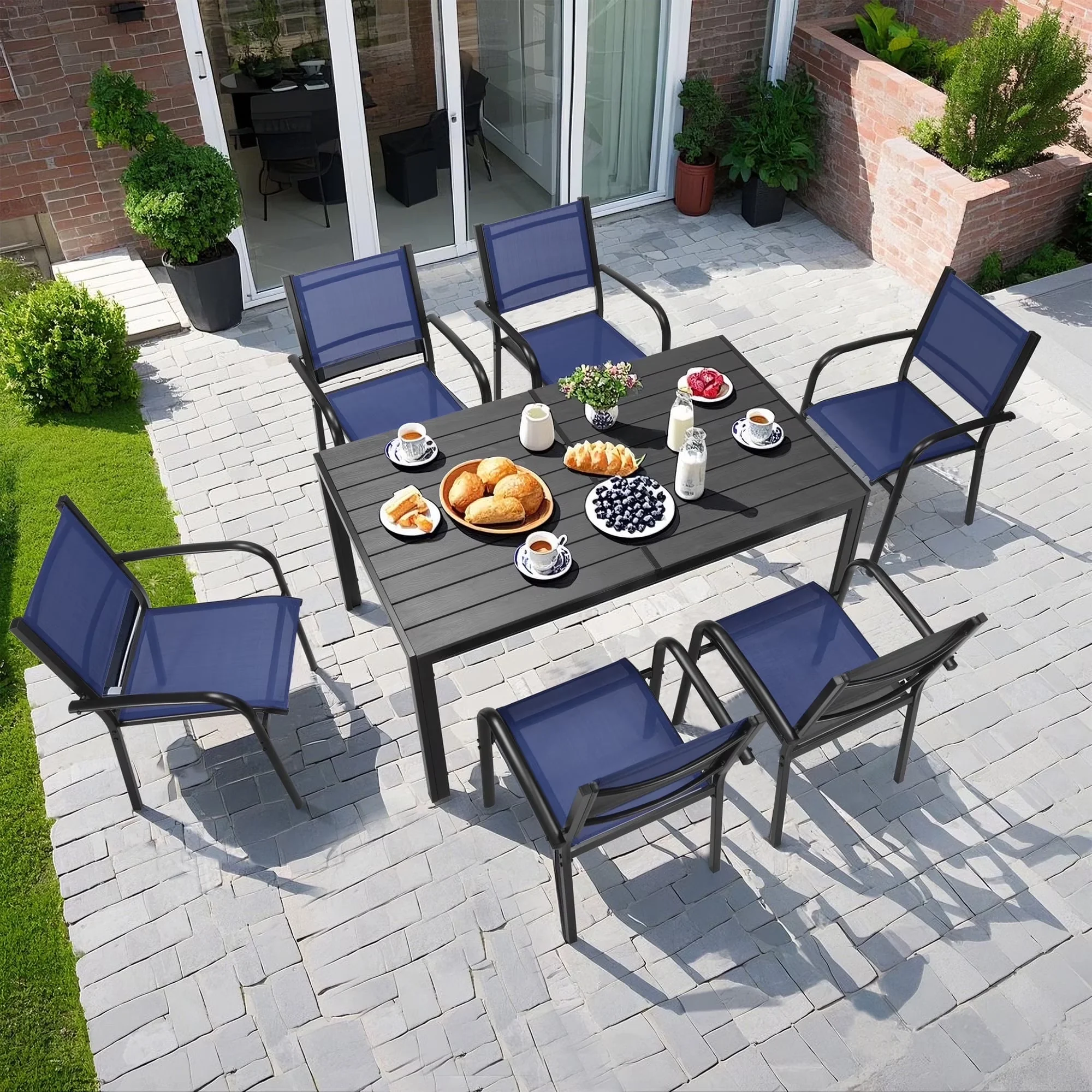 Patio Dining Set Versatile with Storage, Seating Width:16.54'' - Plastic+ Steel Frame 7Pcstextilene-Blue for Small, Garden Model 1C1D26