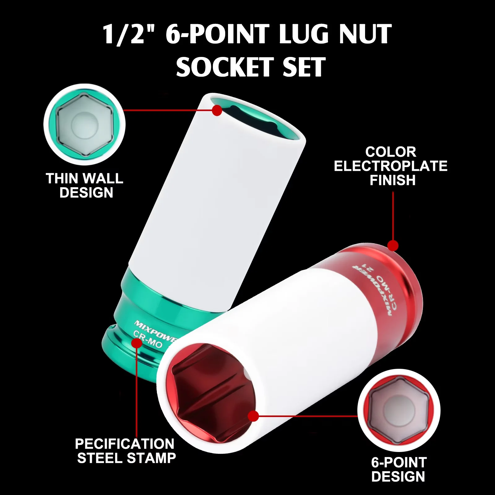 Efficient Hand Tool Set with 7-Piece 1/2" Drive Lug Nut Impact Socket, Non-Marring Plastic Sleeve - Cr-Mo ;Nylon Model B9EE7E