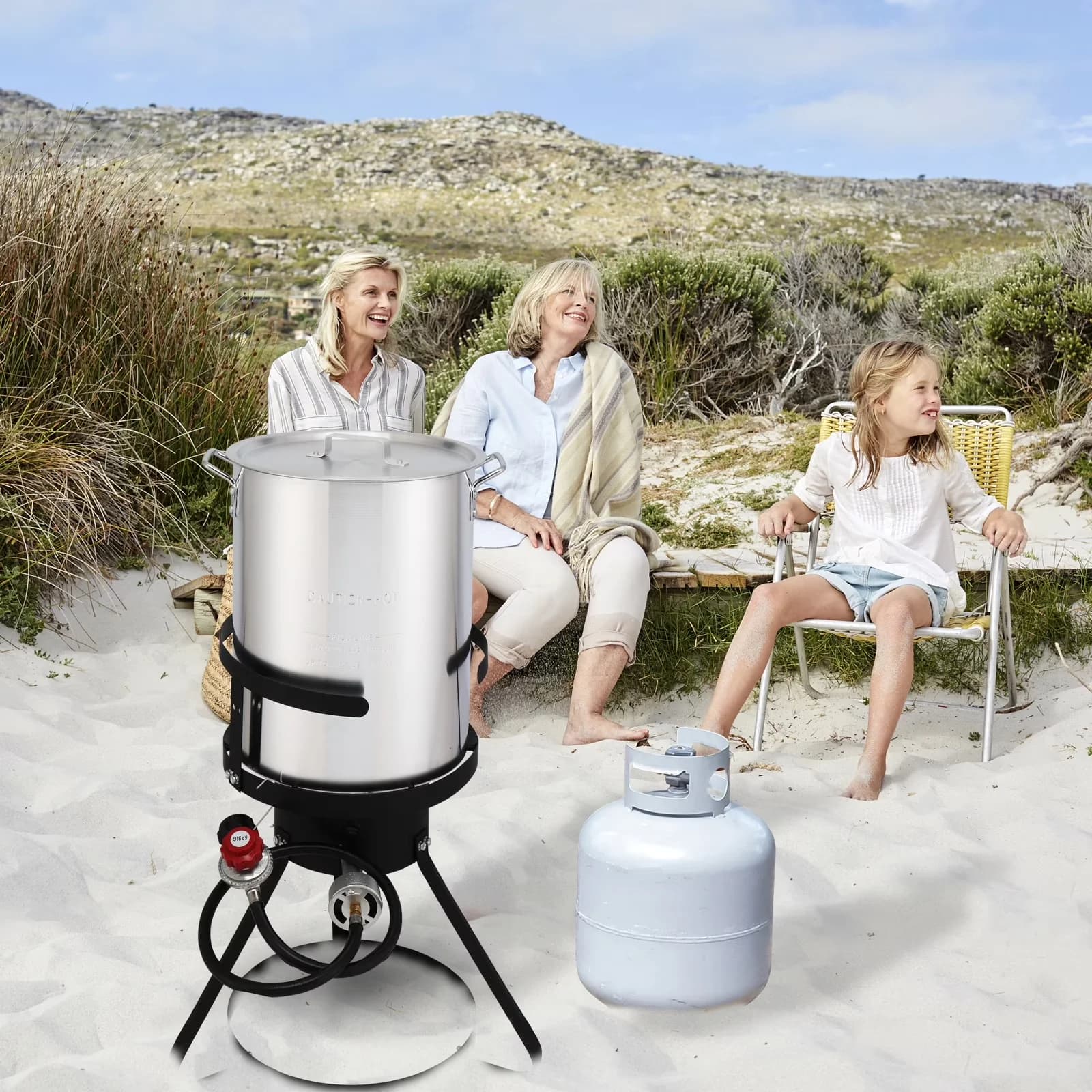 Outdoor Fryer Compact with Black Round Iron Stove Frame, 13*32inch Four-Piece Set - Silver Aluminum Model B1FAFD