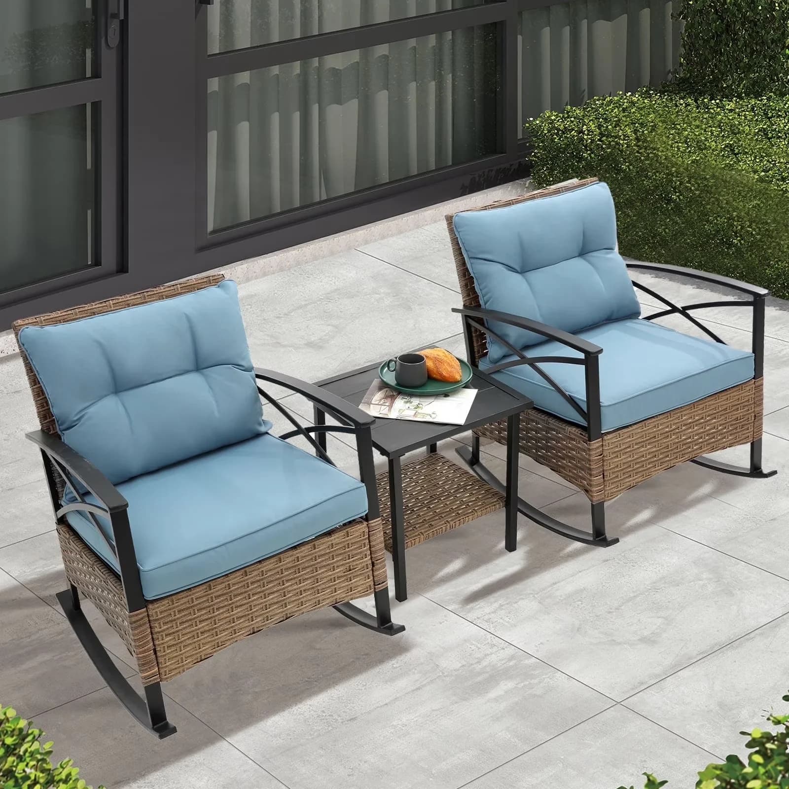 Compact Patio Conversation Set with Table, Balcony Furniture Bistro - Pe Rattan+Steel+Polyester Fabric+Foam(1.7Lbs/Cu.Ft)+Tempered... Model 9FA291