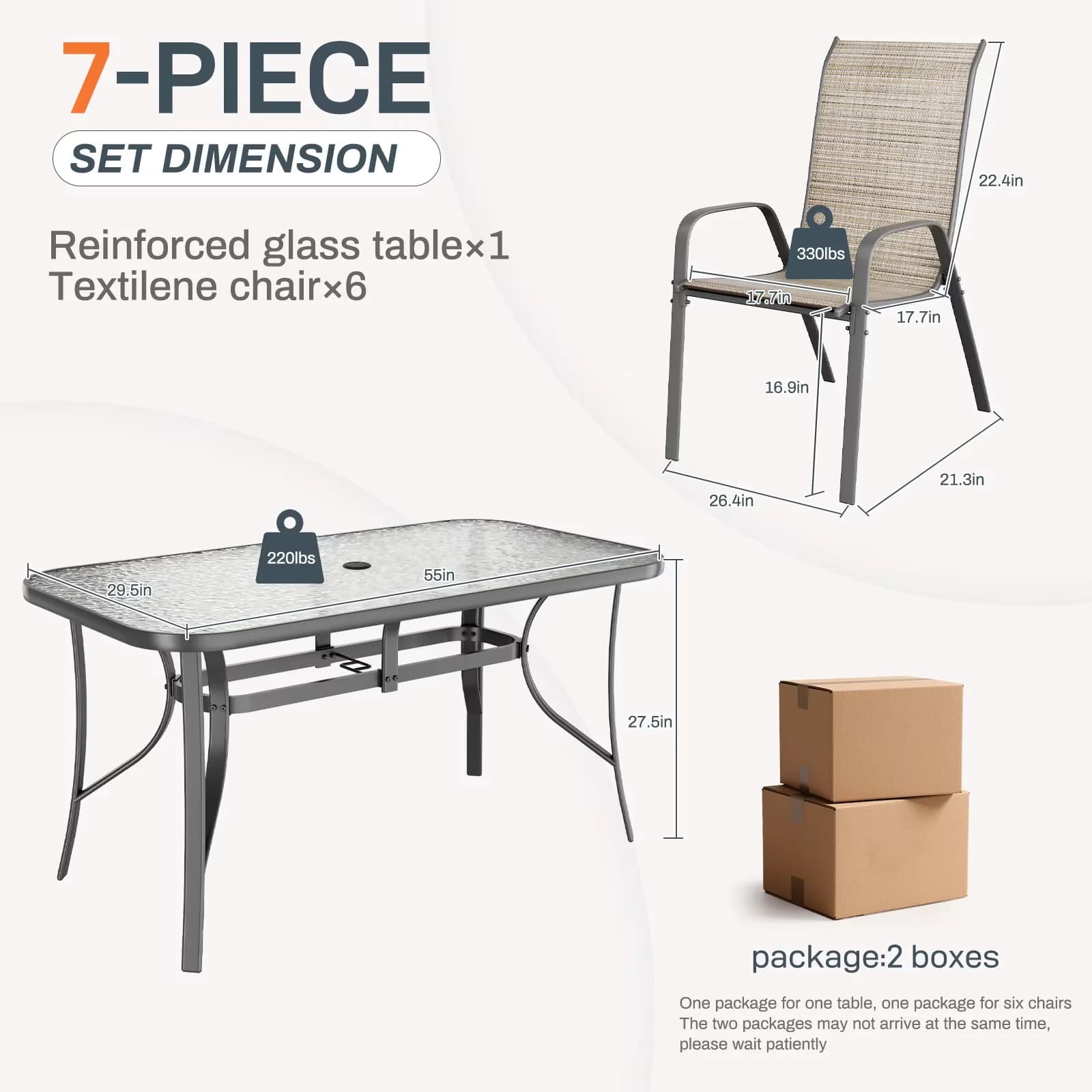 Patio Dining Set Professional with Storage, Rectangular Table, Outdoor of 7 - Steel Off-White Model A5AE7A