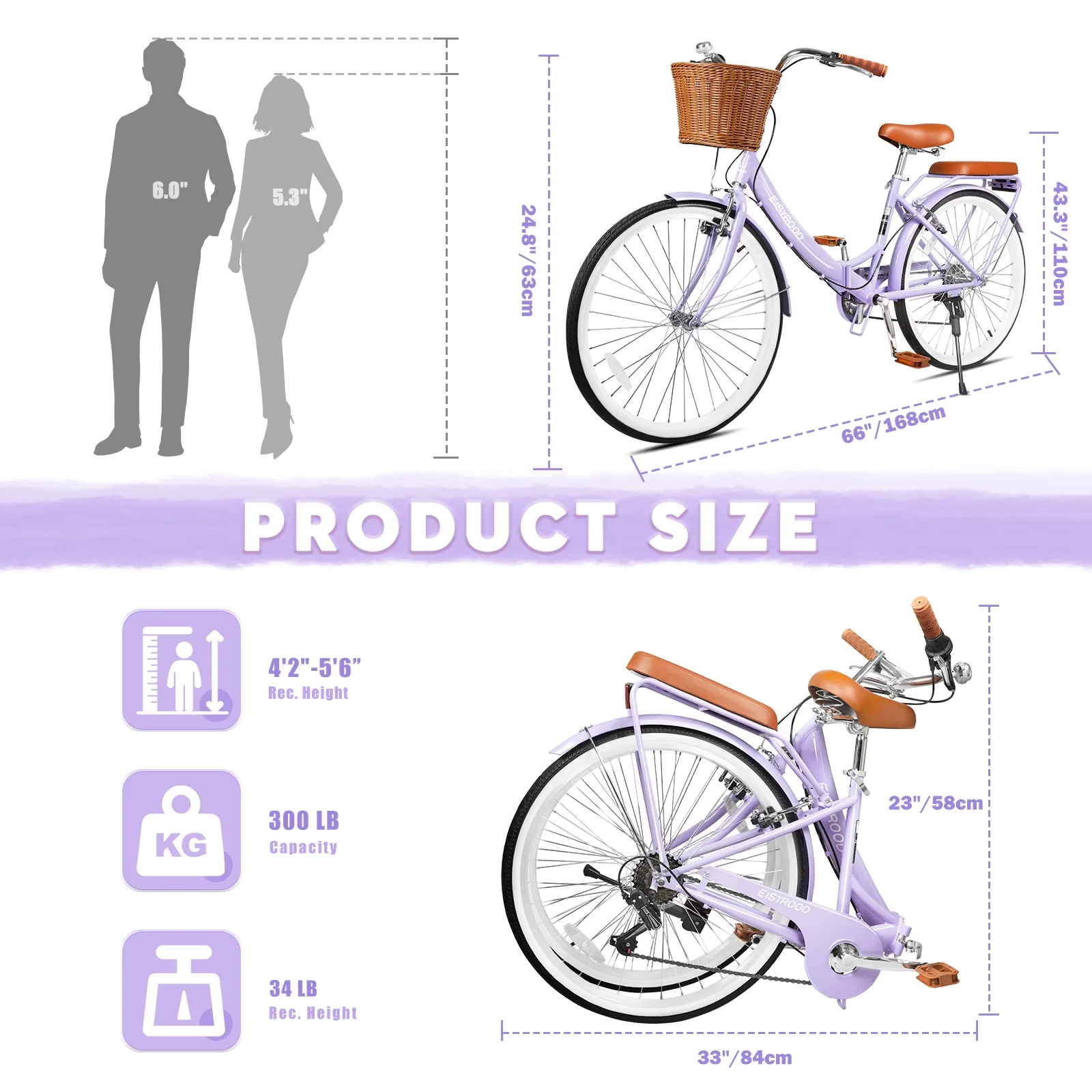 Cruiser Bike Reliable with Adjustable Seat, Basket Rack - 26-Inch - Folding - Purple Model D16A66