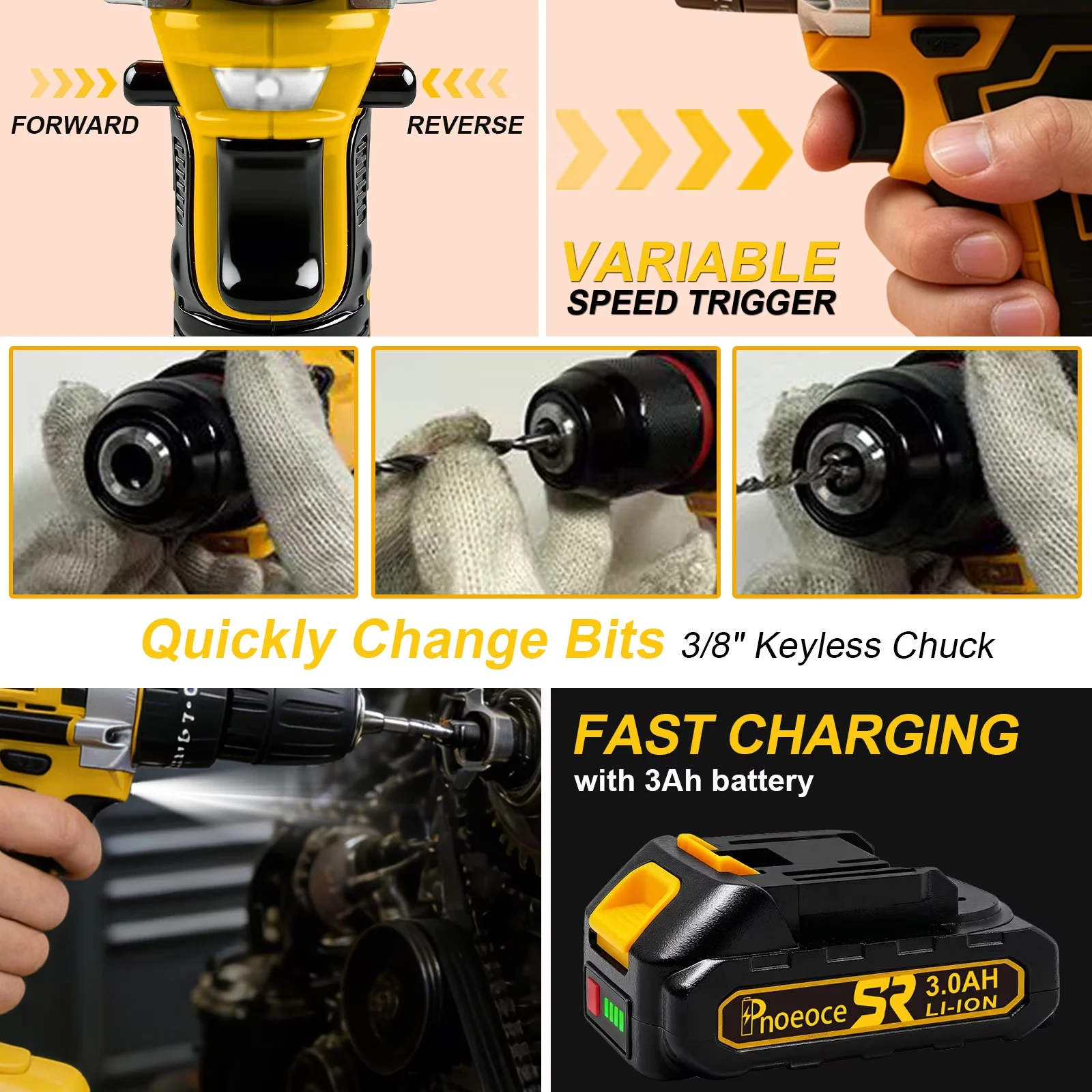 Modern Drills Driver with Battery, 20V, 20V Cordless Drill Set - Yellow Model EC220A