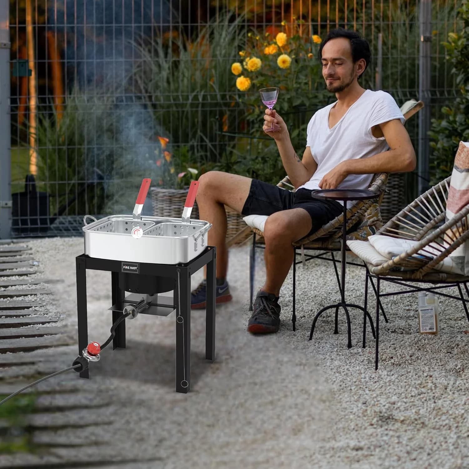 Outdoor Fryer Stylish with 50000 BTU, Heat Resistant Handle, Dual Baskets - Aluminum Black Model DF09D7