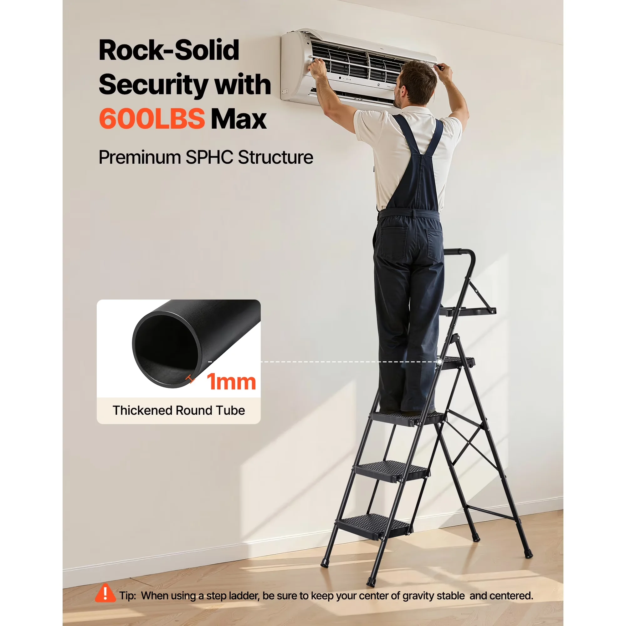 Sleek Ladders And Step Stool with Compact Design, Collapsible, Tool Tray - Steel Black for Kitchen, Home Model 5FA7EA
