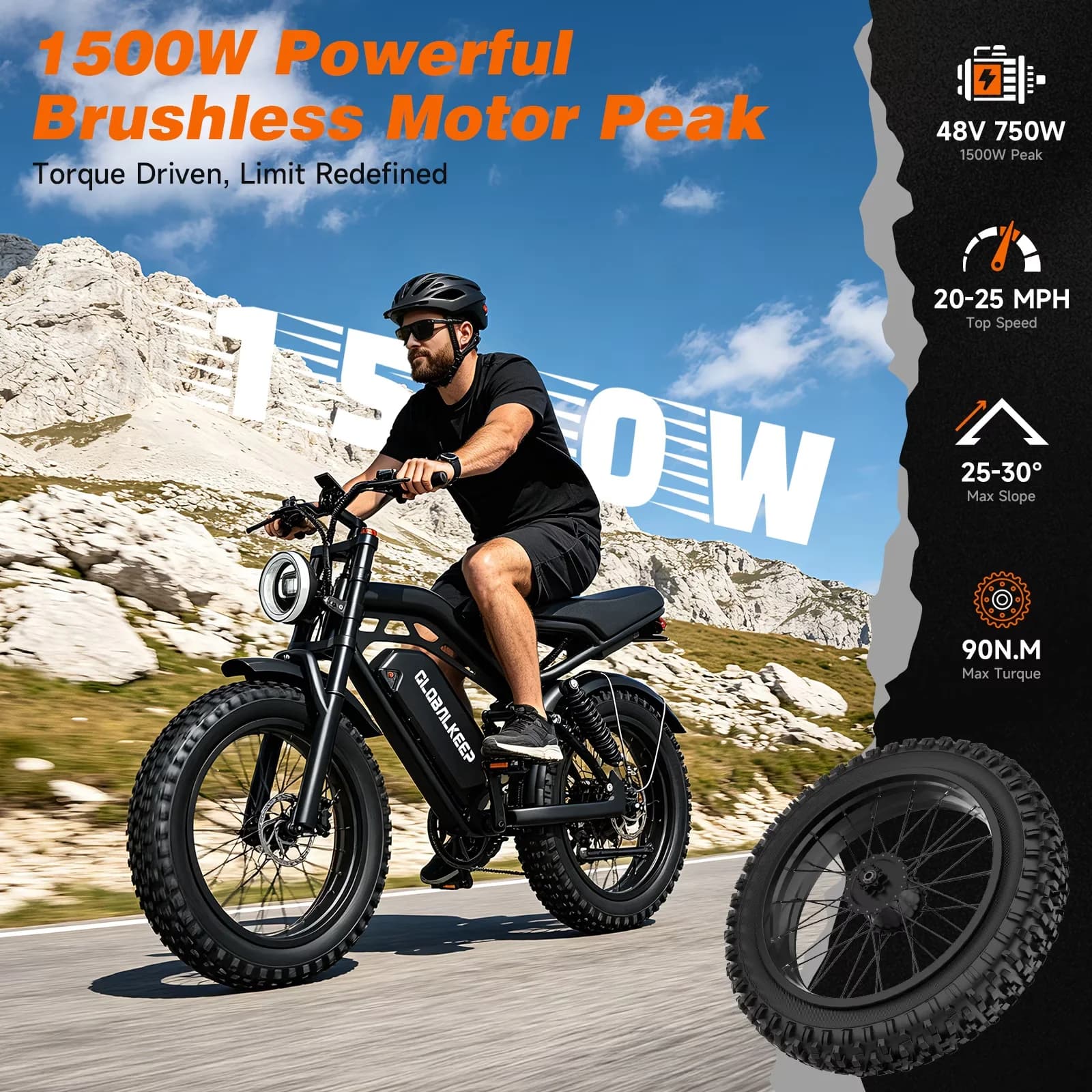 Modern Electric Bike with Battery, 1500W, Mountain - Black - Durable Build Model 7819DA
