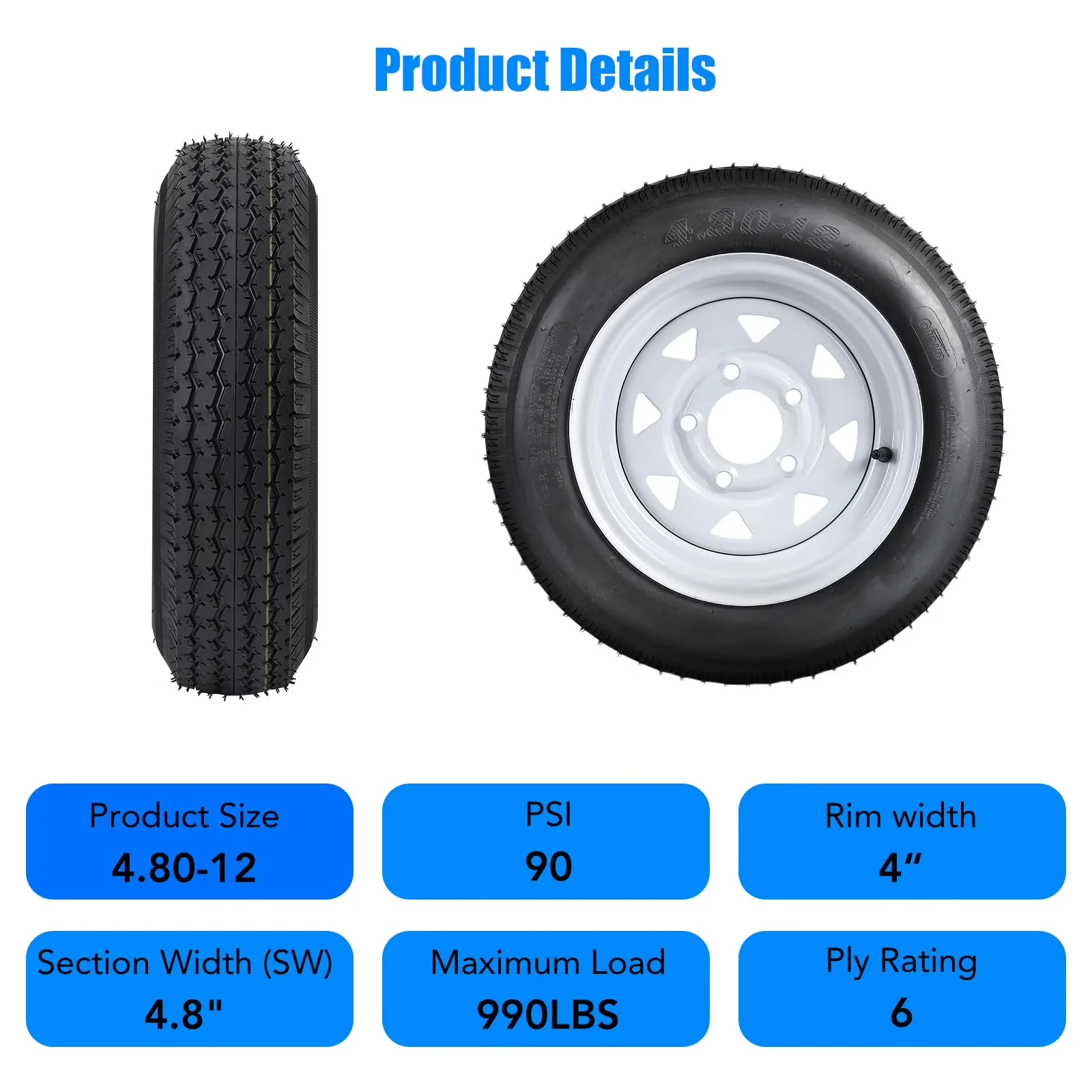 Trailer Tire Stylish with 12" Rims, Rim Width: 4 inches, 5 Lug on 4.5" - Model A13747