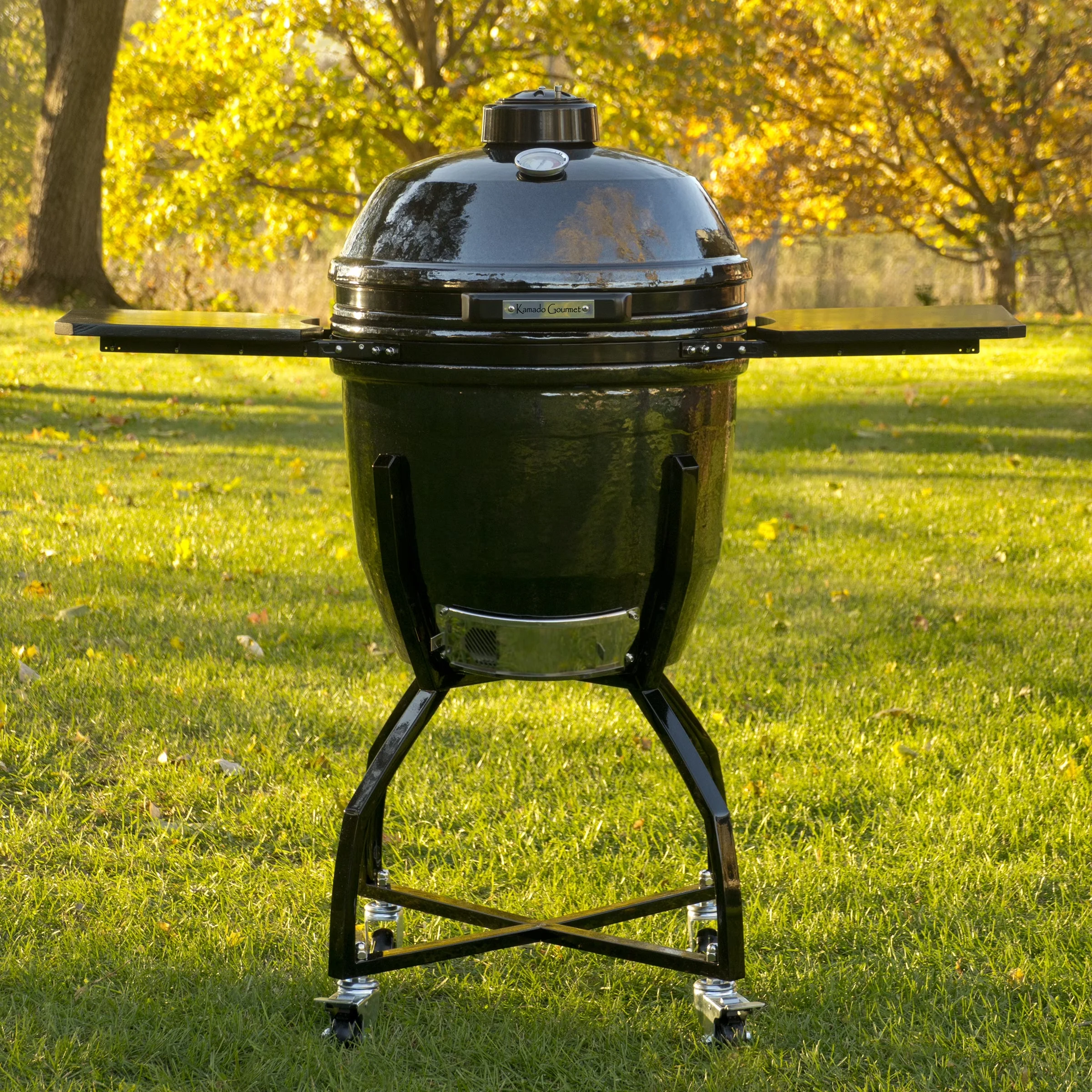 Essential Smoker with Heat Thermometer, Side Shelves, Includes Cart - Ceramic Black Pepper Model 0BF1B5