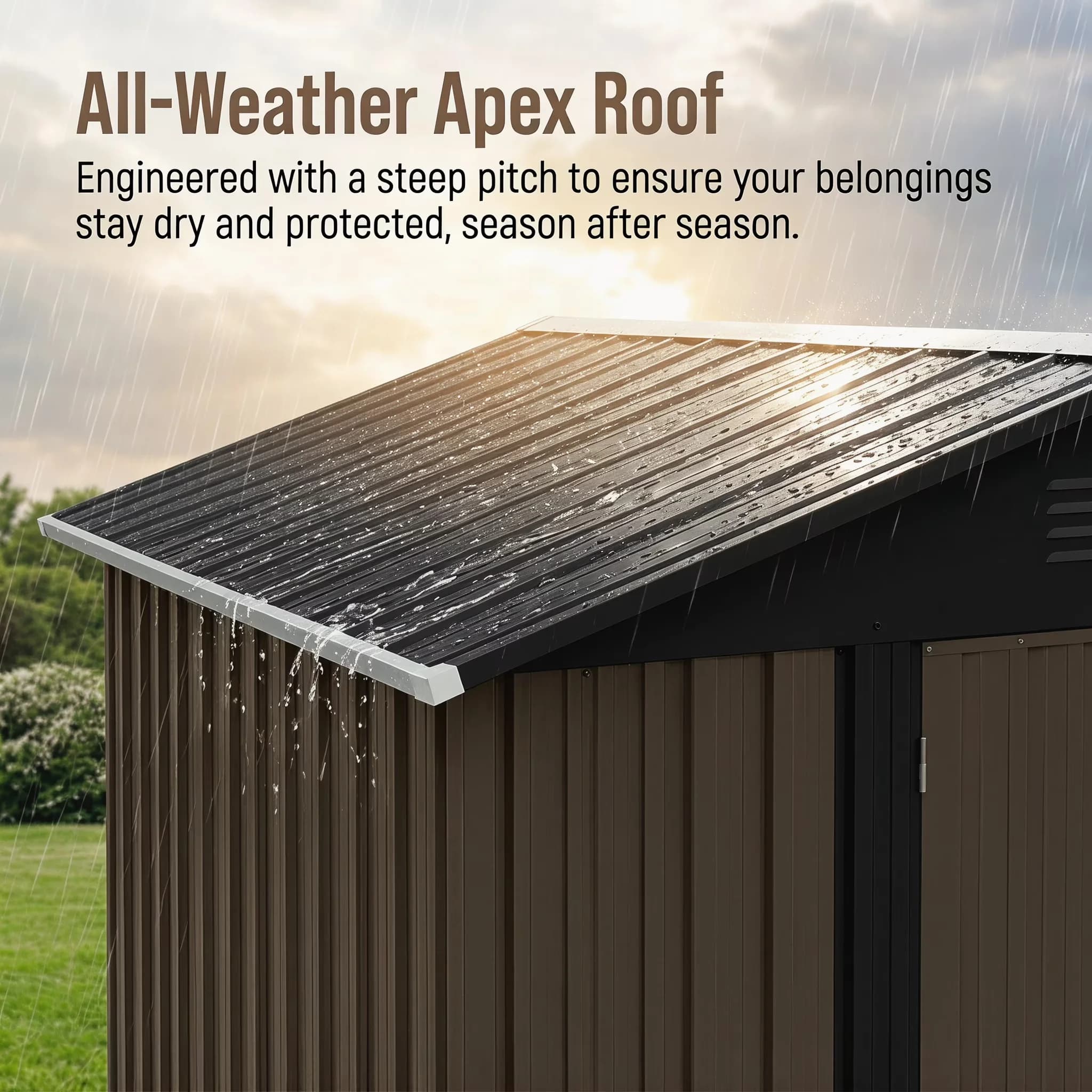 Shed Essential with Outdoor Storage, Apex Roof and Hinged Door, 8x6 Ft Metal Garden - Metal Brown Model 89B3FF
