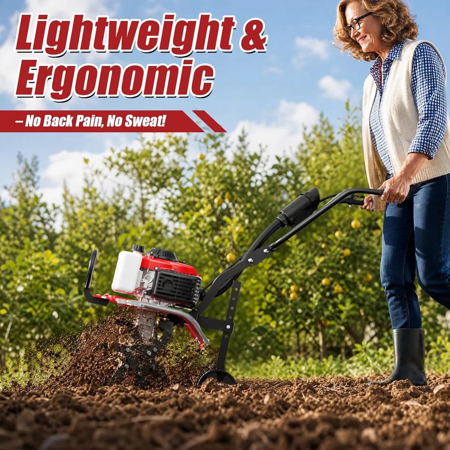 Trillers Cultivator Quality with 6-Position Adjustable Height, Gasoline Powered Garden Tiller, 4-Stroke Gas Tiller - Model 36103C