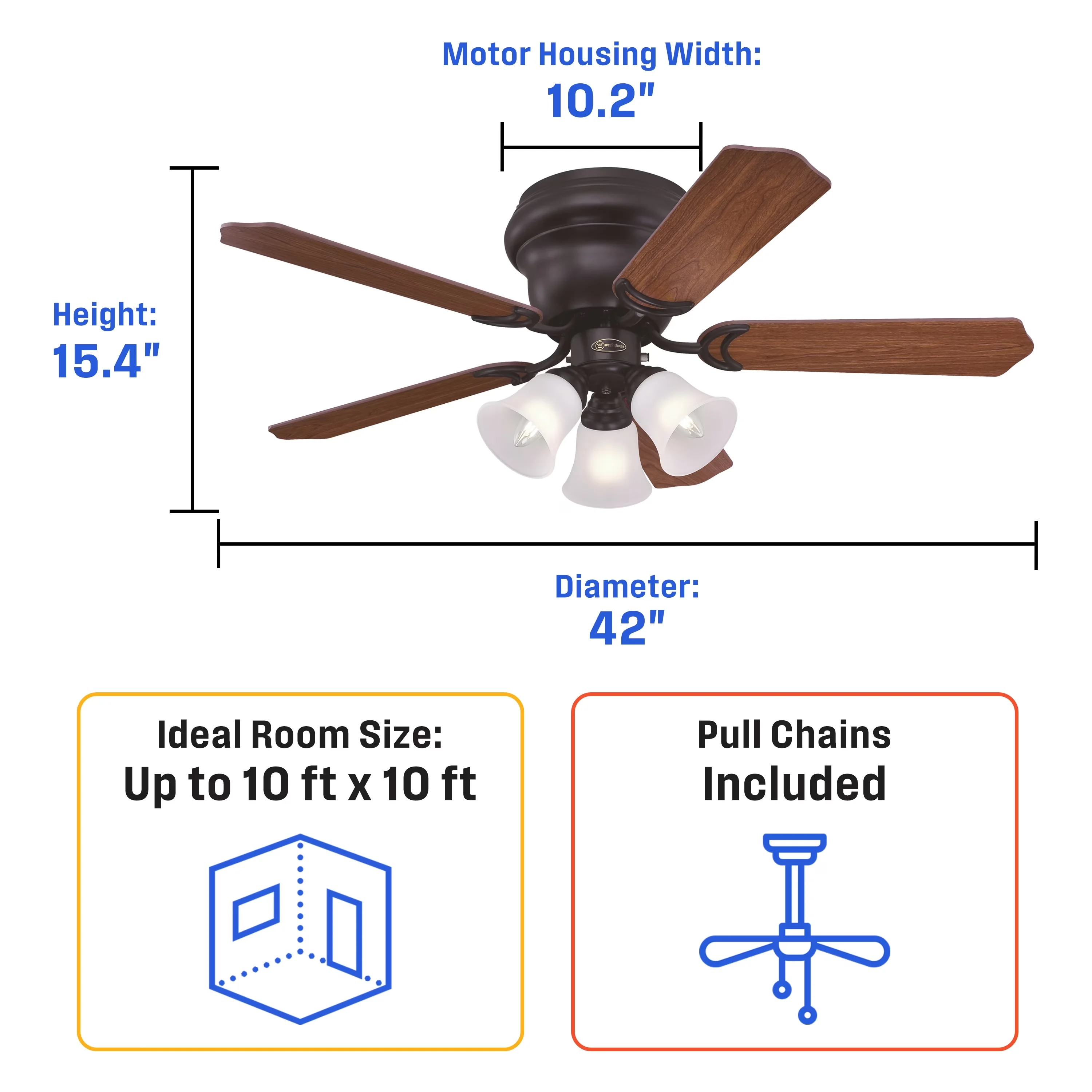 Ceiling Fan Sleek with LED, Rustic/Lodge - Bronze Glass 42 in - Commercial Quality Model 021ADB