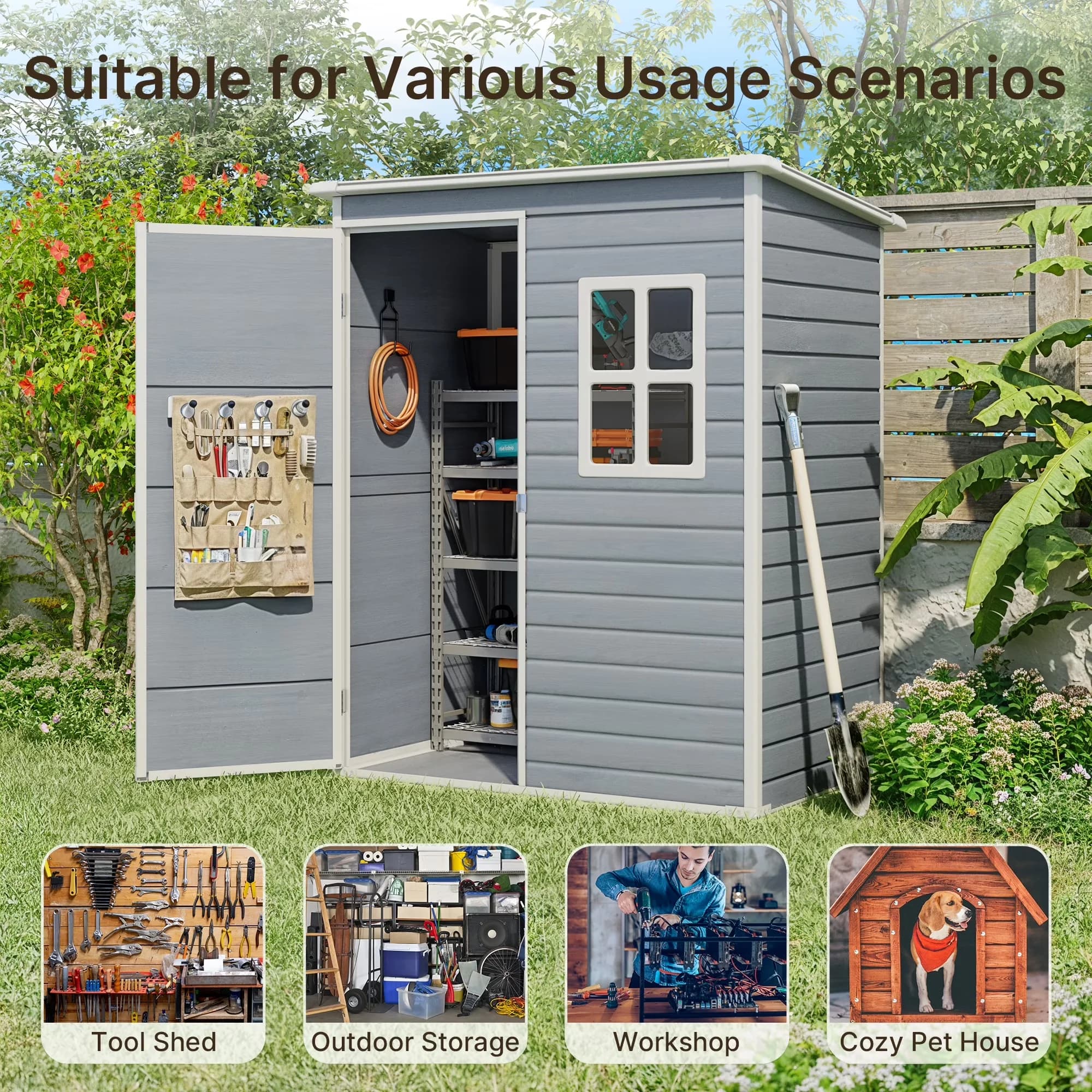 Compact Shed with Molded Base, Translucent Window & Lockable Door, Gray Recycled Resin Outdoor Storage - Gray Resin Model 08F6F2