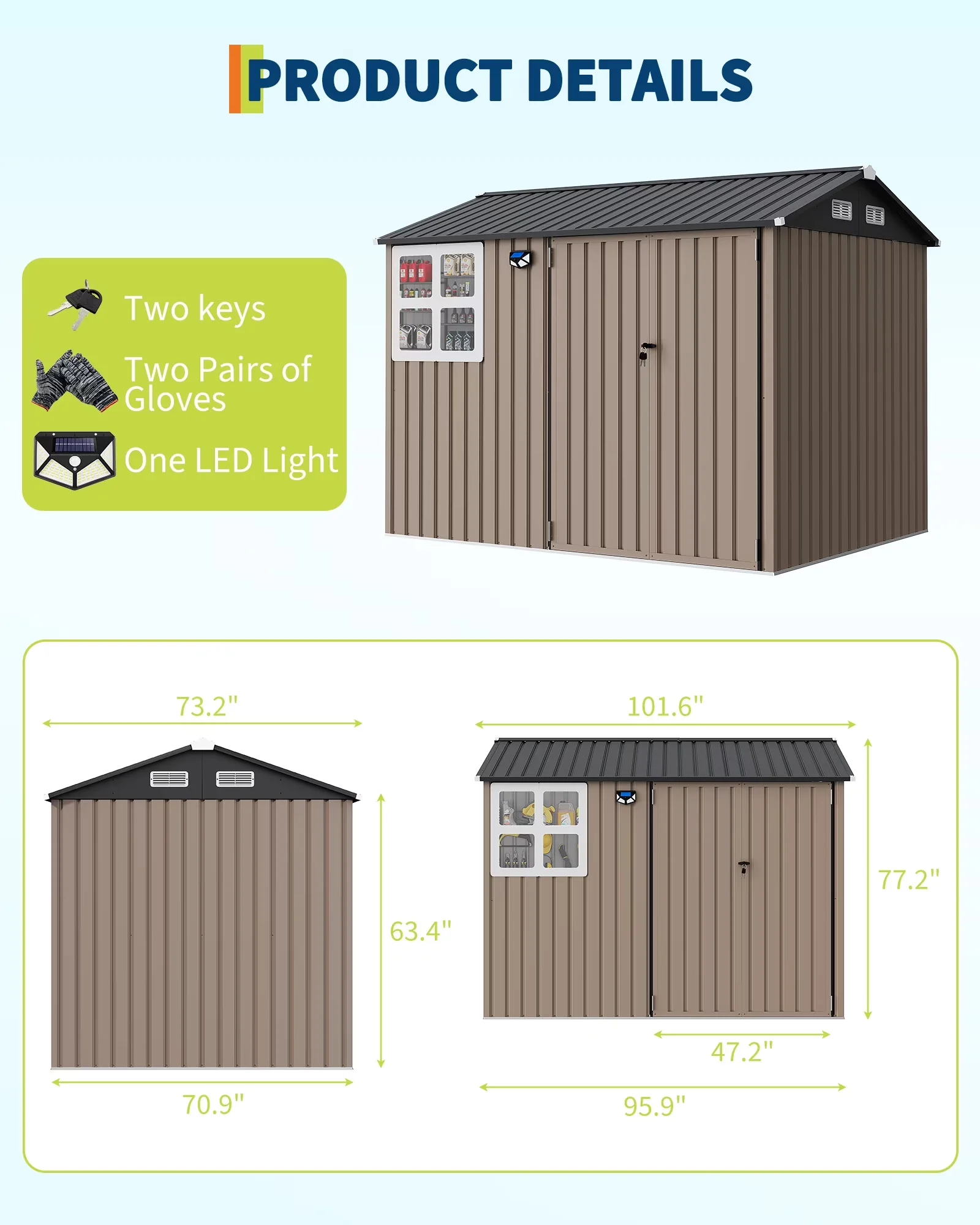 Shed Innovative with Lockable Door, Sturdy Metal Building - Brown Metal for Garden Model 82184F