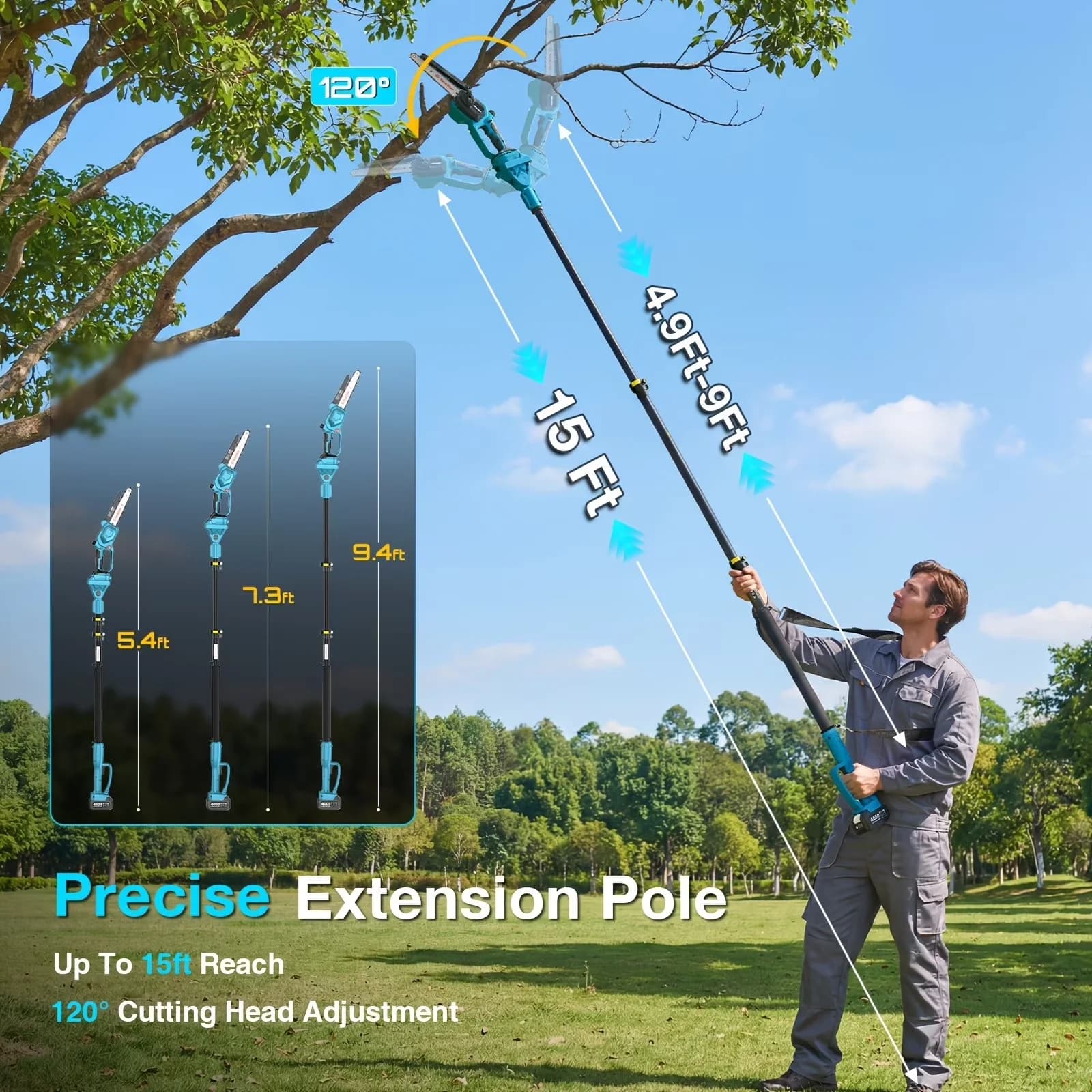 Essential Pole Saw with Battery, Automatic Chain Oiler, 2-in-1 Cordless & Mini Chainsaw - Blue Model 0800D2