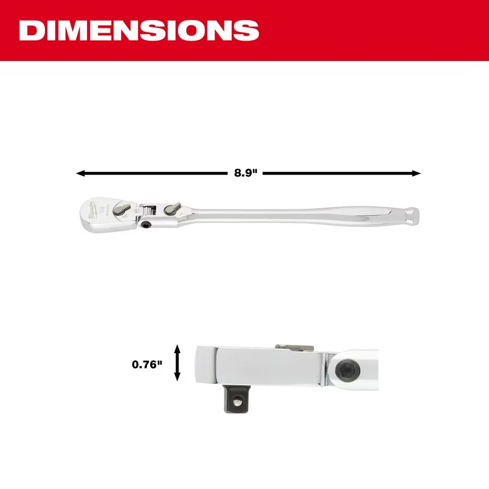 Hand Tool Efficient with 1/4" Drive 9" Flex Head Ratchet, 7 Locking Positions - Adaptable Access, 4° Arc Swing - Silver Model C1143B
