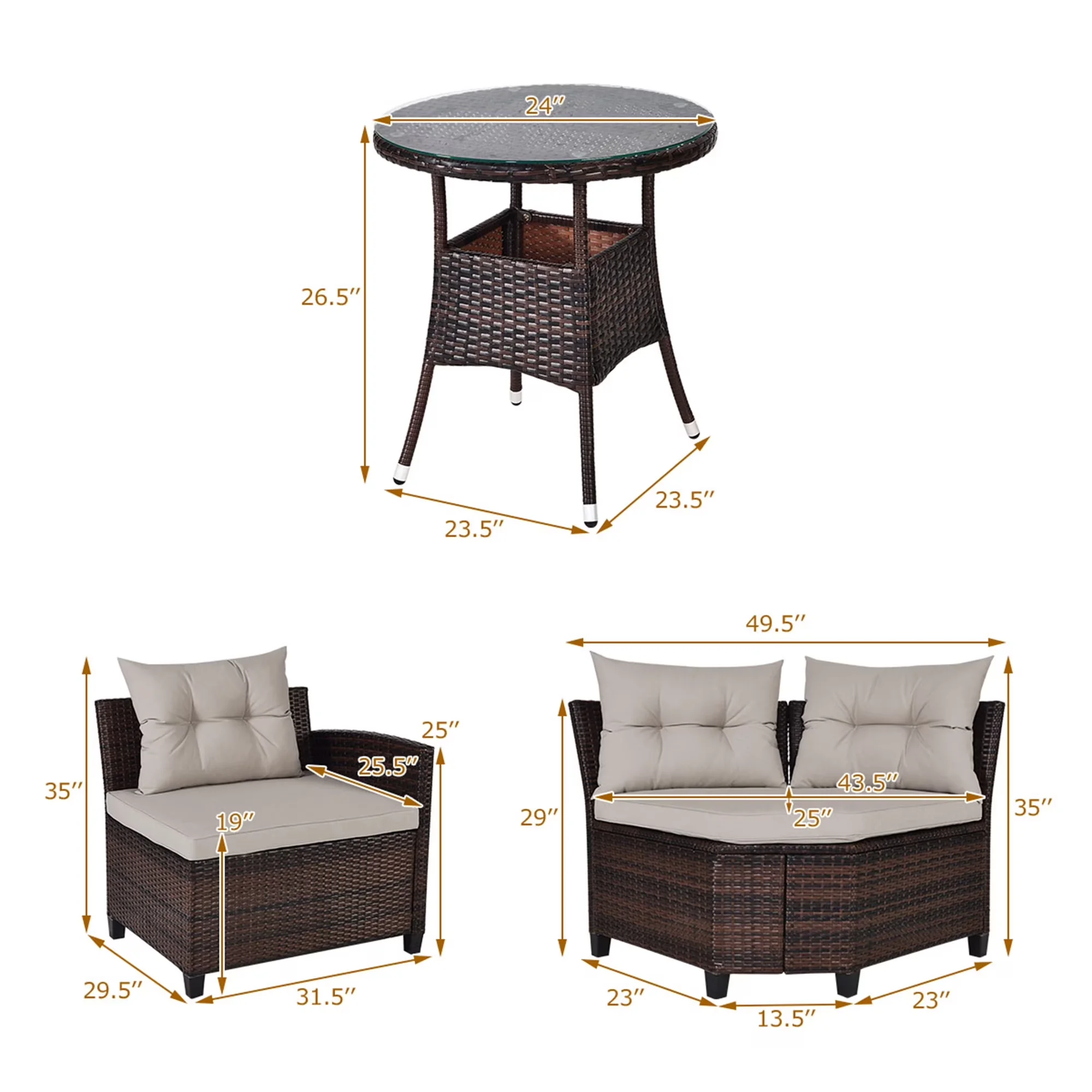Outdoor Sofas Sectional Compact with Modern - Steel + Rattan + Sponge + Polyester Fabric + Tempered Glass Brown Model 62881C