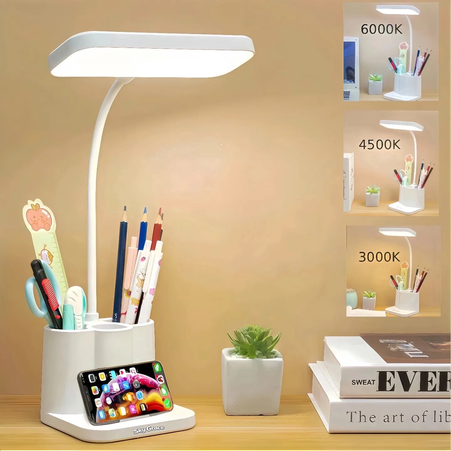 Desk Lamp Essential with LED, Battery, Adjustable Head - White Abs for Home Office, Study Model FAD31F