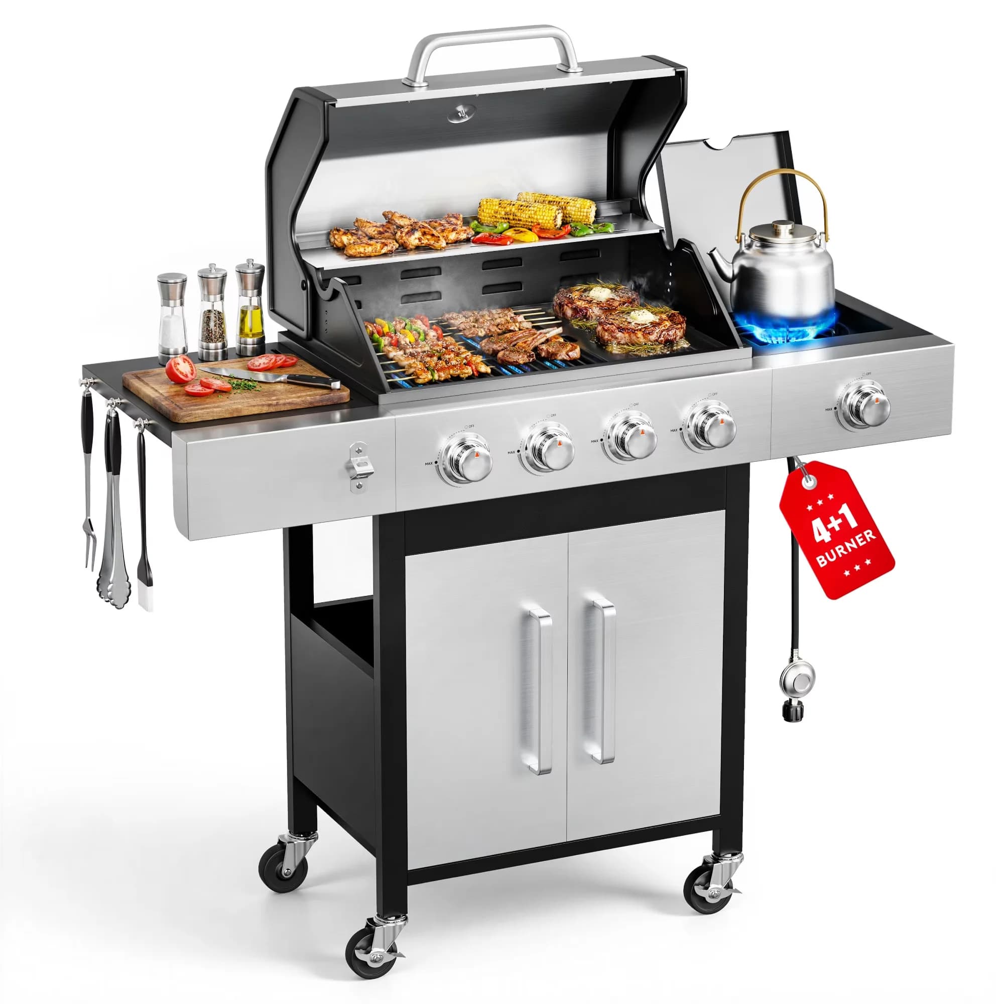 Premium Gas Grill with 50800 BTU, Storage Rack, Grease Pan - Stainless Steel, Porcelain-Enameled Cast Iron Silver for Outdoor Model 78344B