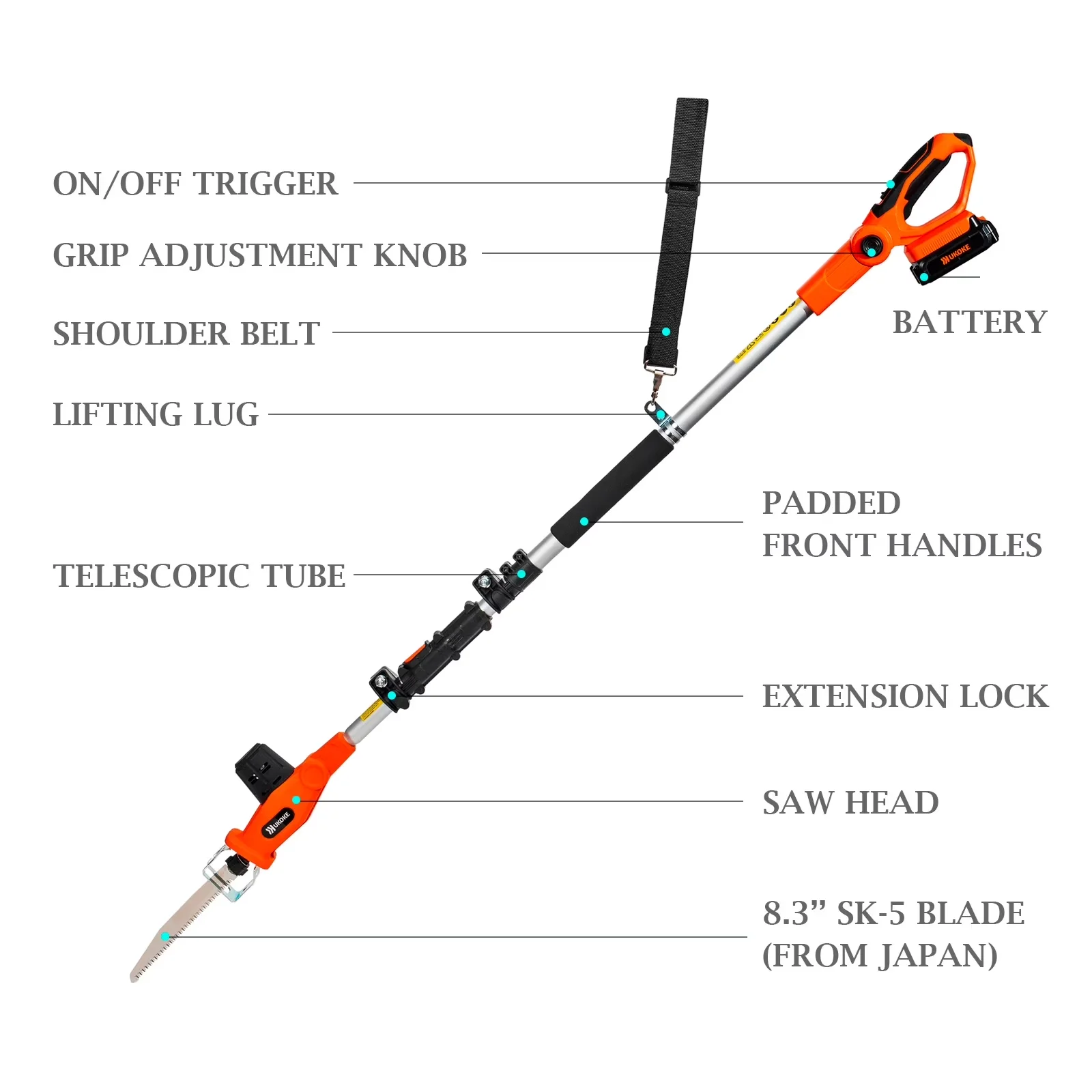 Pole Saw Durable with Battery, 20V, Cordless w/Replaceable Blade - Orange Model 26B617