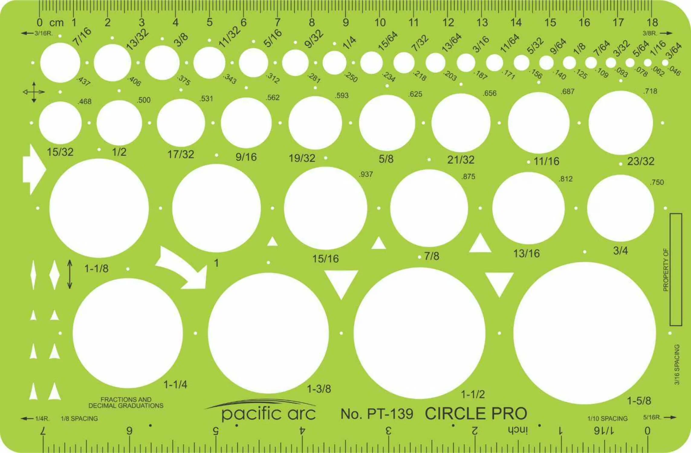 Measuring Layout Modern with Pacific Arc Circles Template Guide, Inch and Metric Graduations - Green Plastic Model 090857