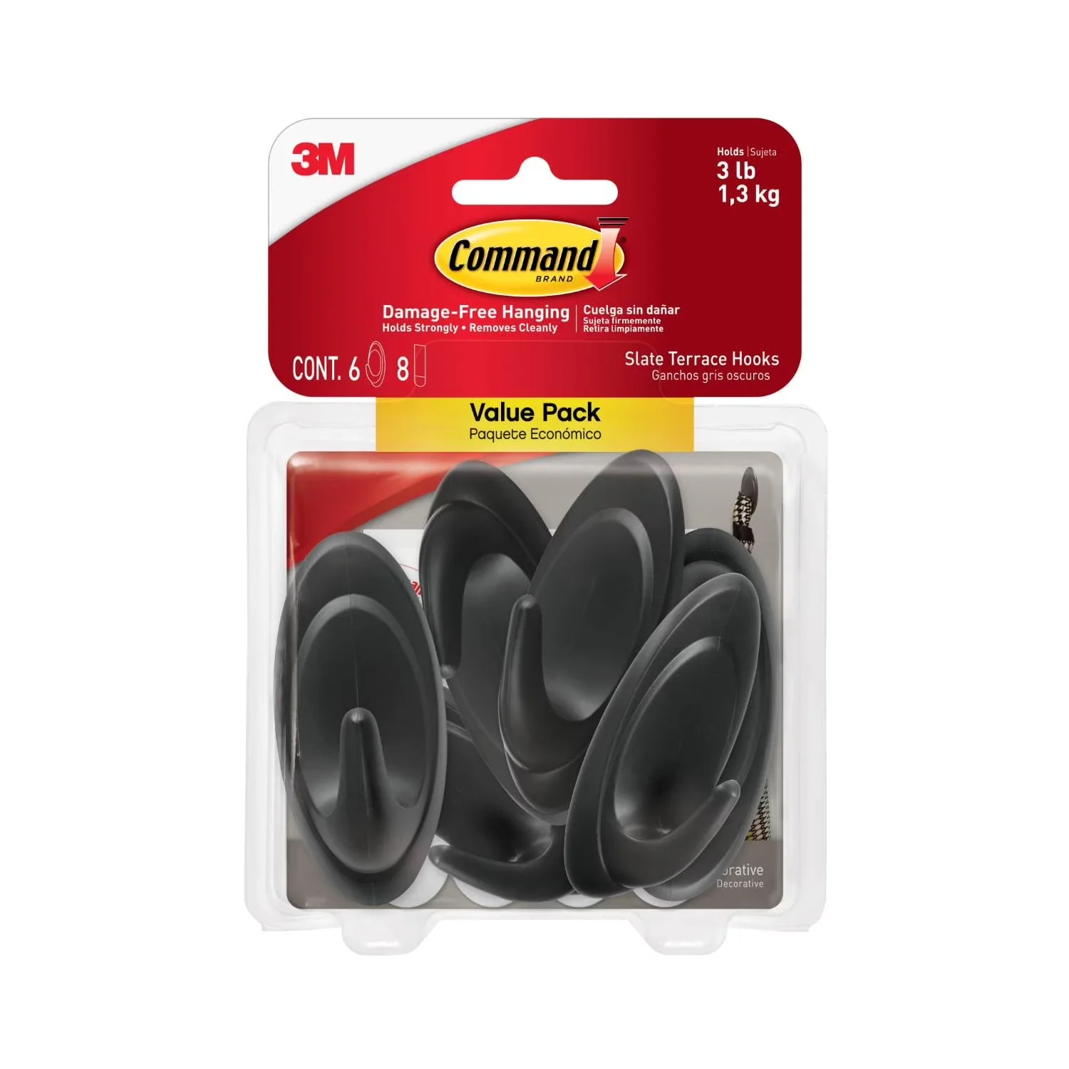 Damage-Free Hanging Professional with Easy Installation, 6 Wall Hooks - Gray Plastic Model 744501