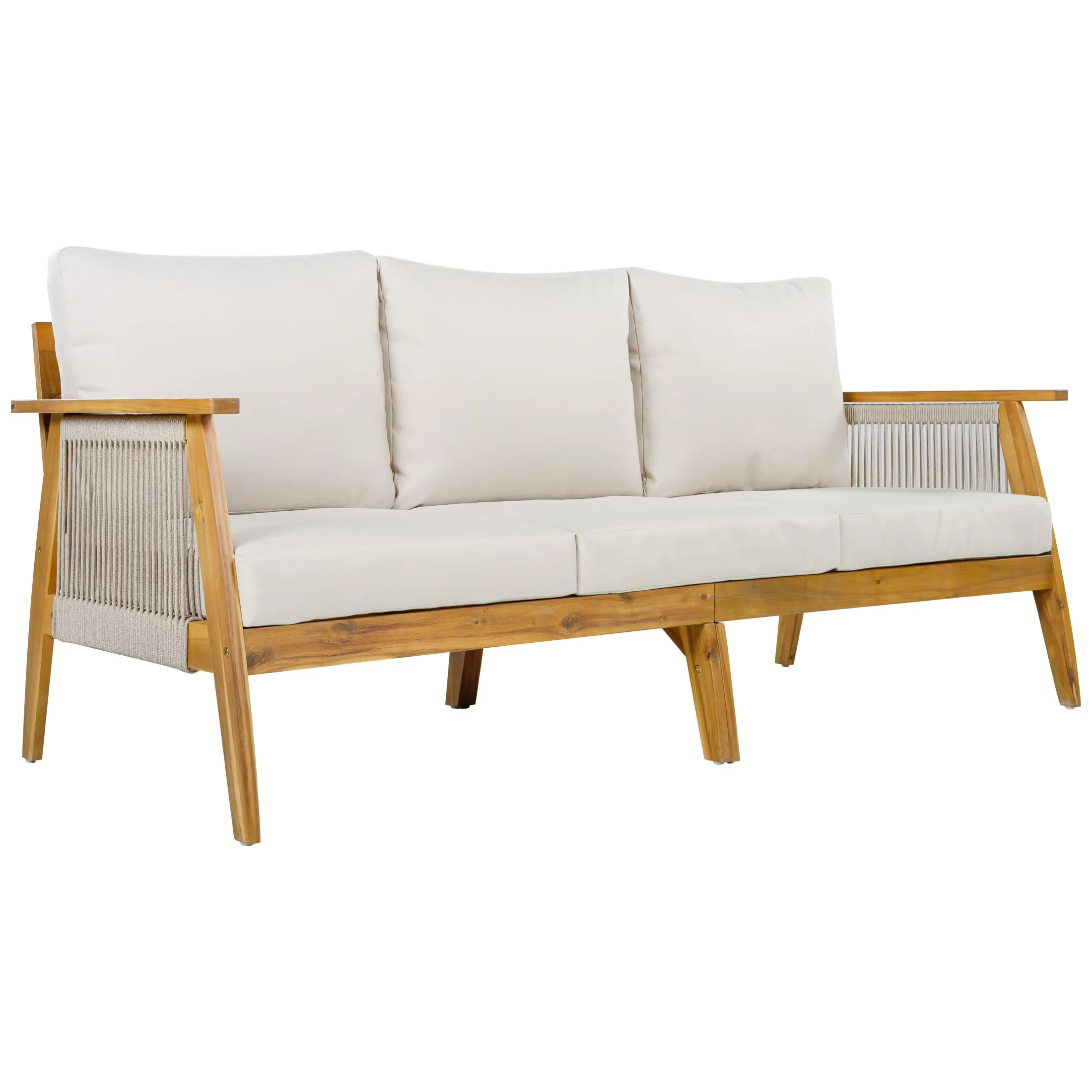 Essential Outdoor Sofas Sectional with Weather-Resistant, Coastal, Teak+Beige - Brown Acacia Wood + Rope + Water Resistant Cushion Model 067389