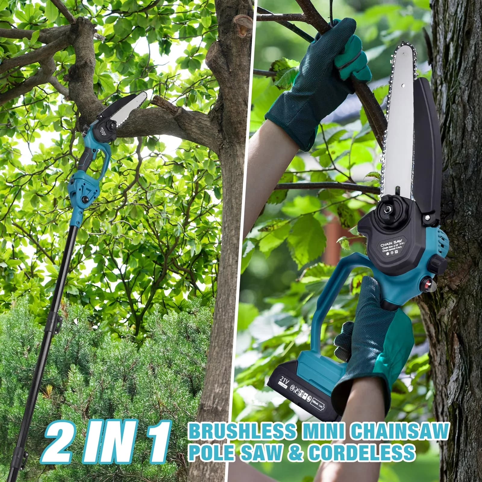 Chainsaw Efficient with Battery, 21V, 2-in-1 Electric Pole Saw & Mini - Blue Model 8D1F21