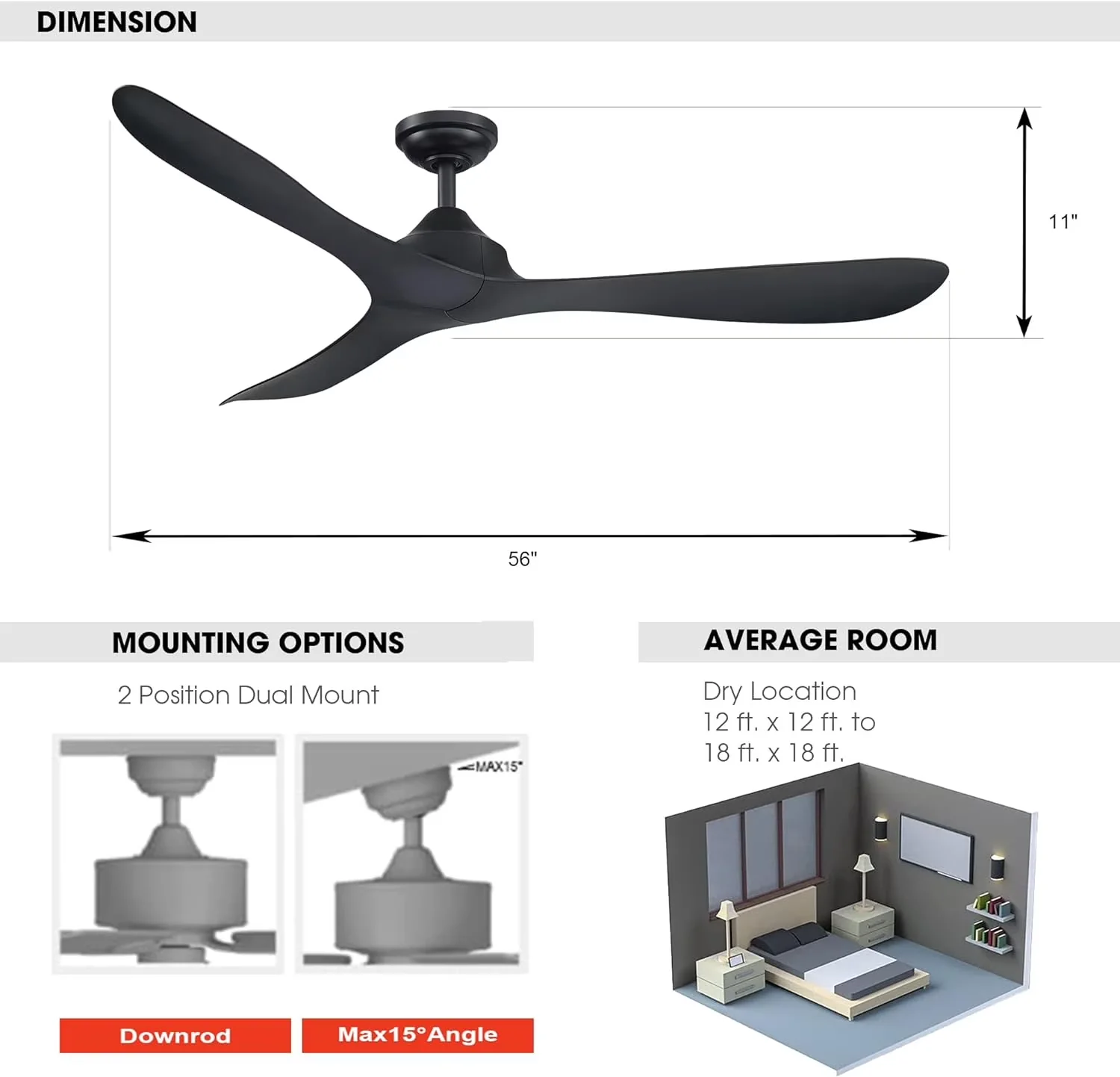 Essential Ceiling Fan with Remote Controlled, Energy Efficient - Black Model E2779D