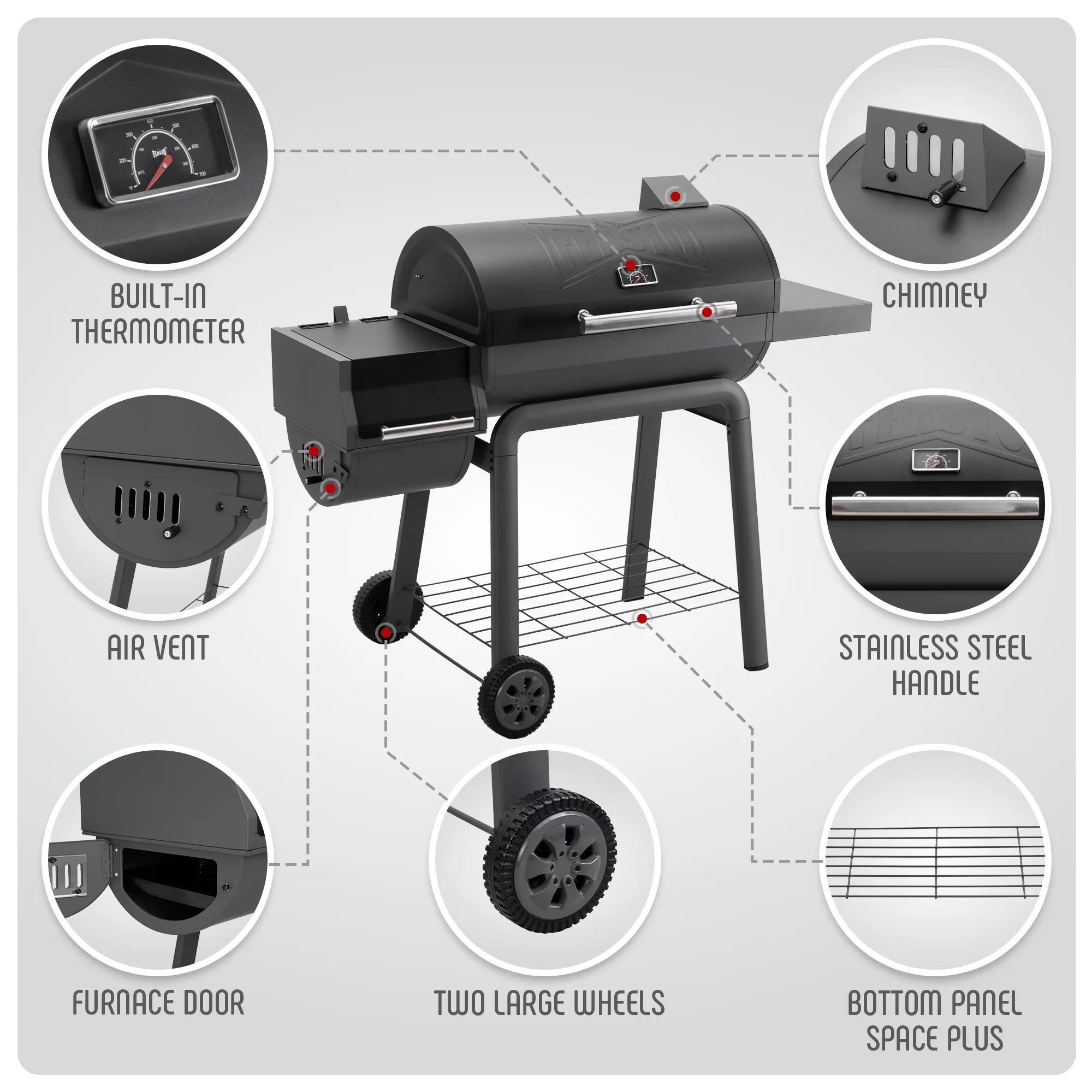 Reliable Smoker with Storage Rack, Heat Thermometer, Rust Resistant - Steel Black Model CB2B8E